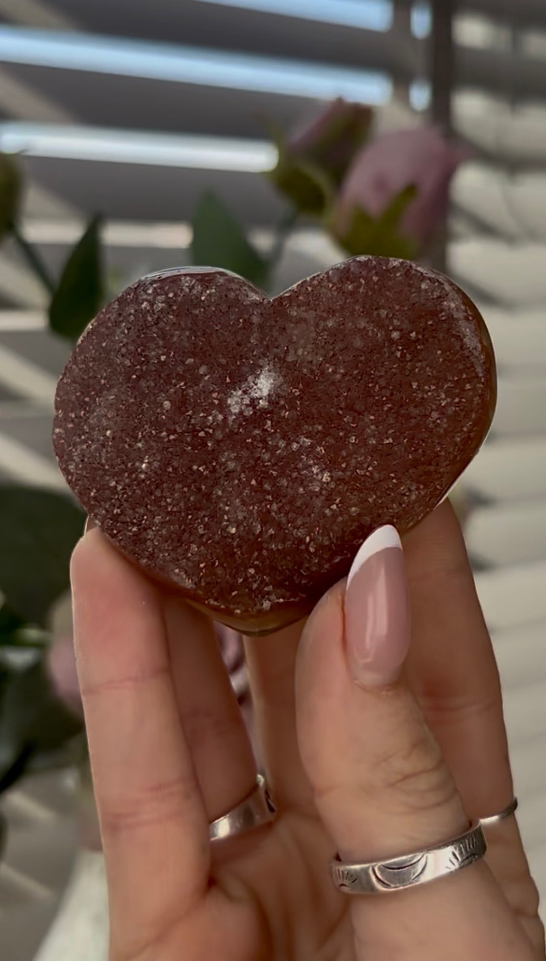 Uruguay, rainbow amethyst heart In rust tones - comes with stand