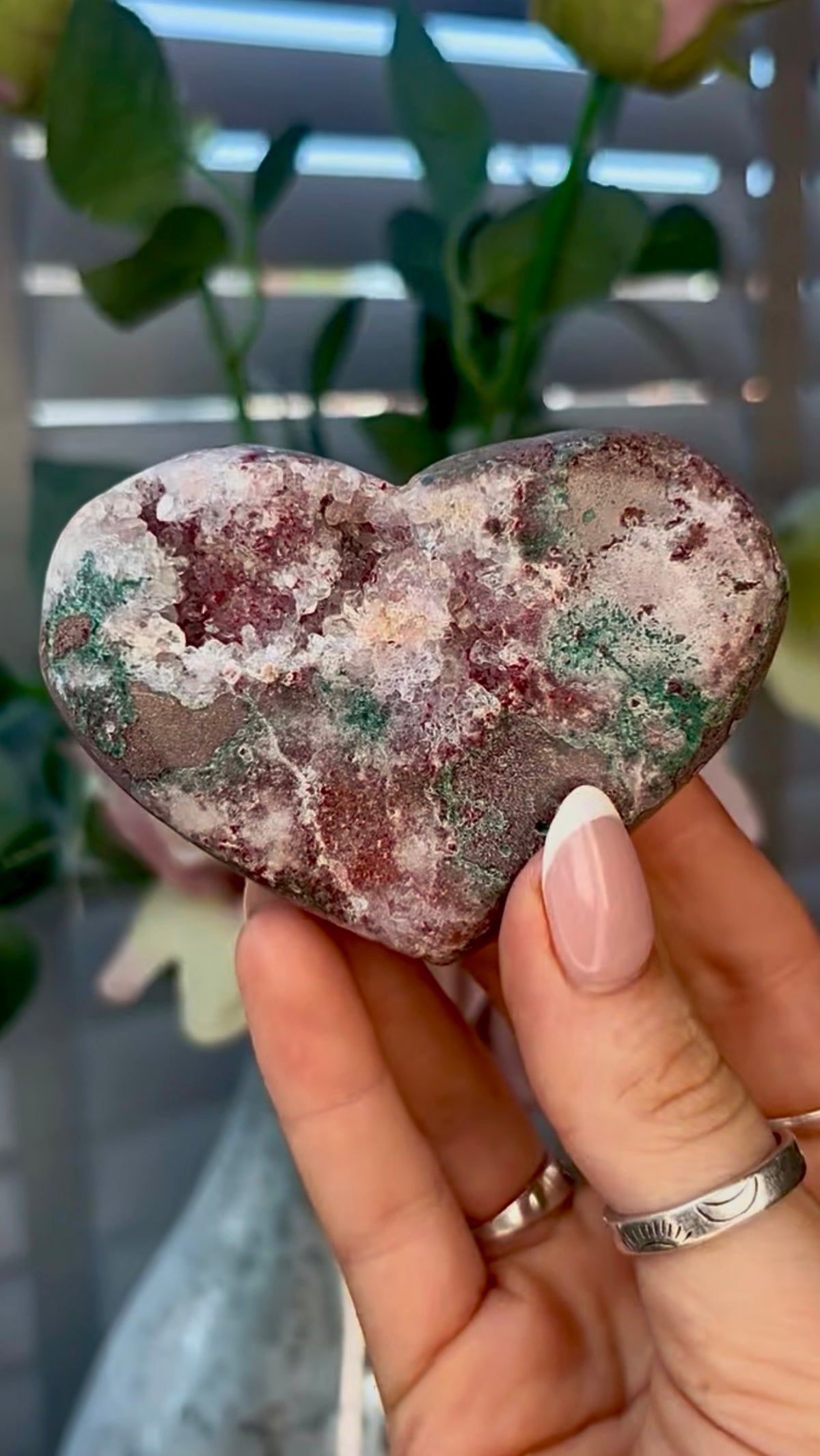 Gorgeous, pink amethyst heart with Jasper - comes with stand