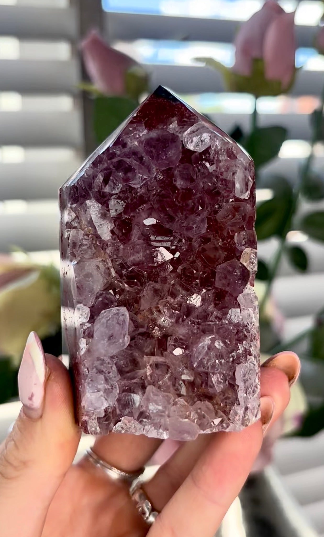 Beautiful, high quality, Pink amethyst tower with red quartz druzy on a Green jasper back