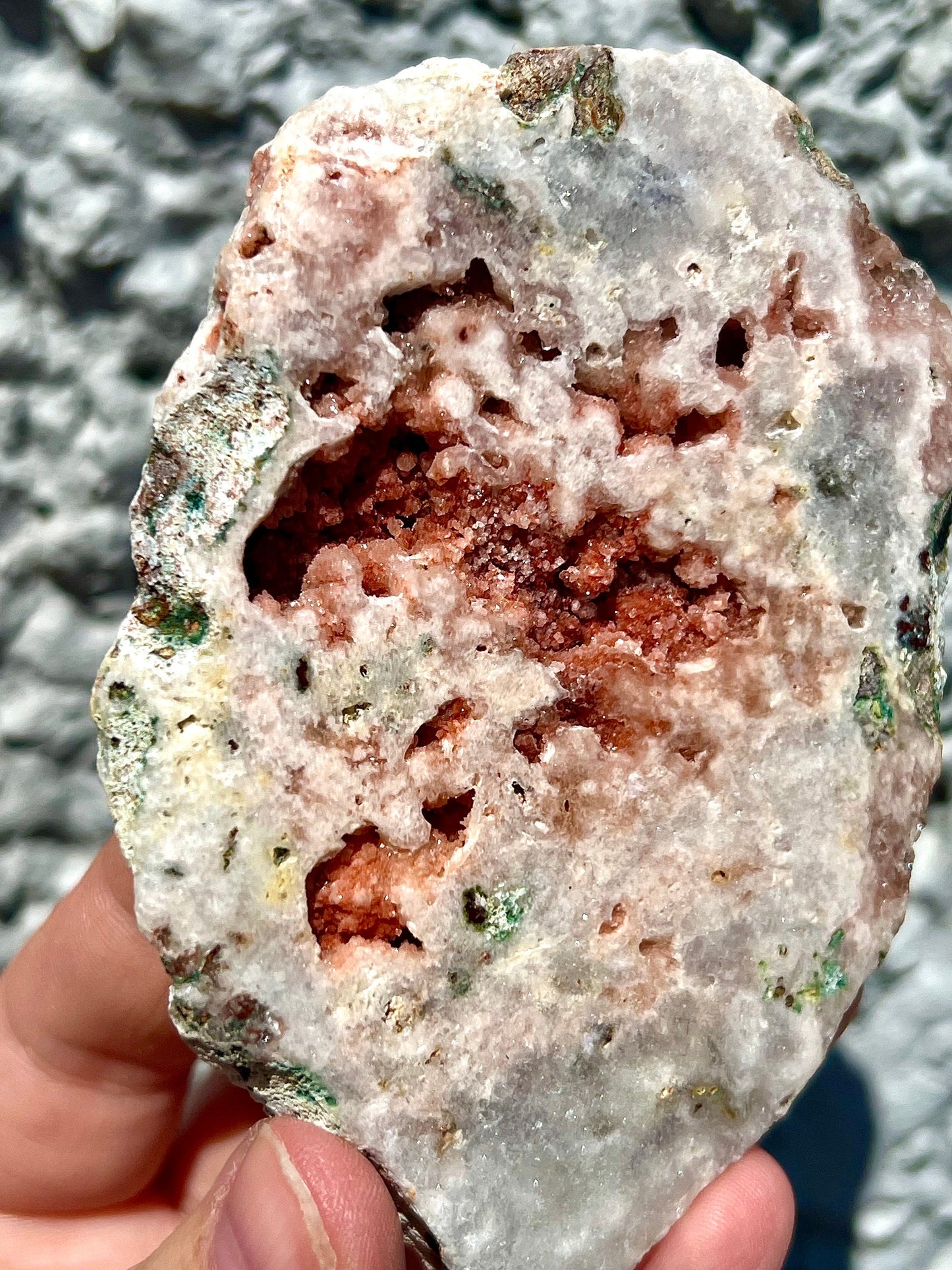 high quality, pink amethyst slab with vibrant red sugar druzy