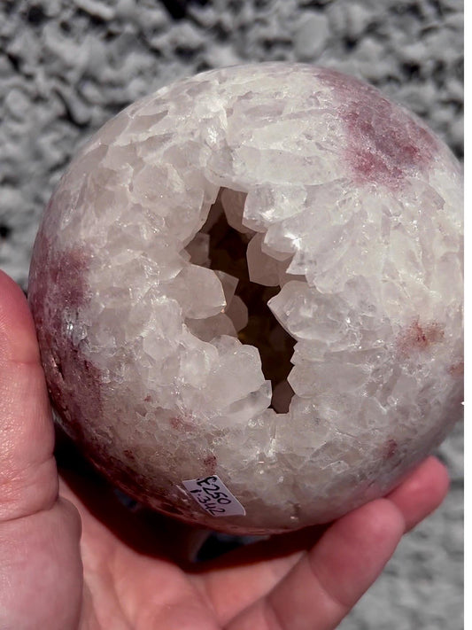 large, statement, pink amethyst sphere, with big, chunky, quartz teeth, cave 1.342kg