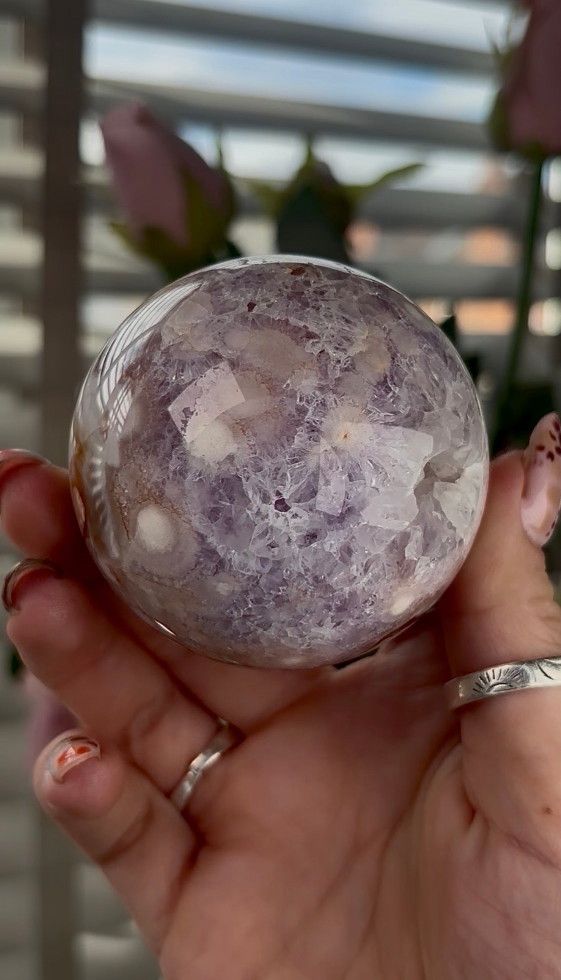 High grade, amethyst Flower agate sphere with druzy quartz