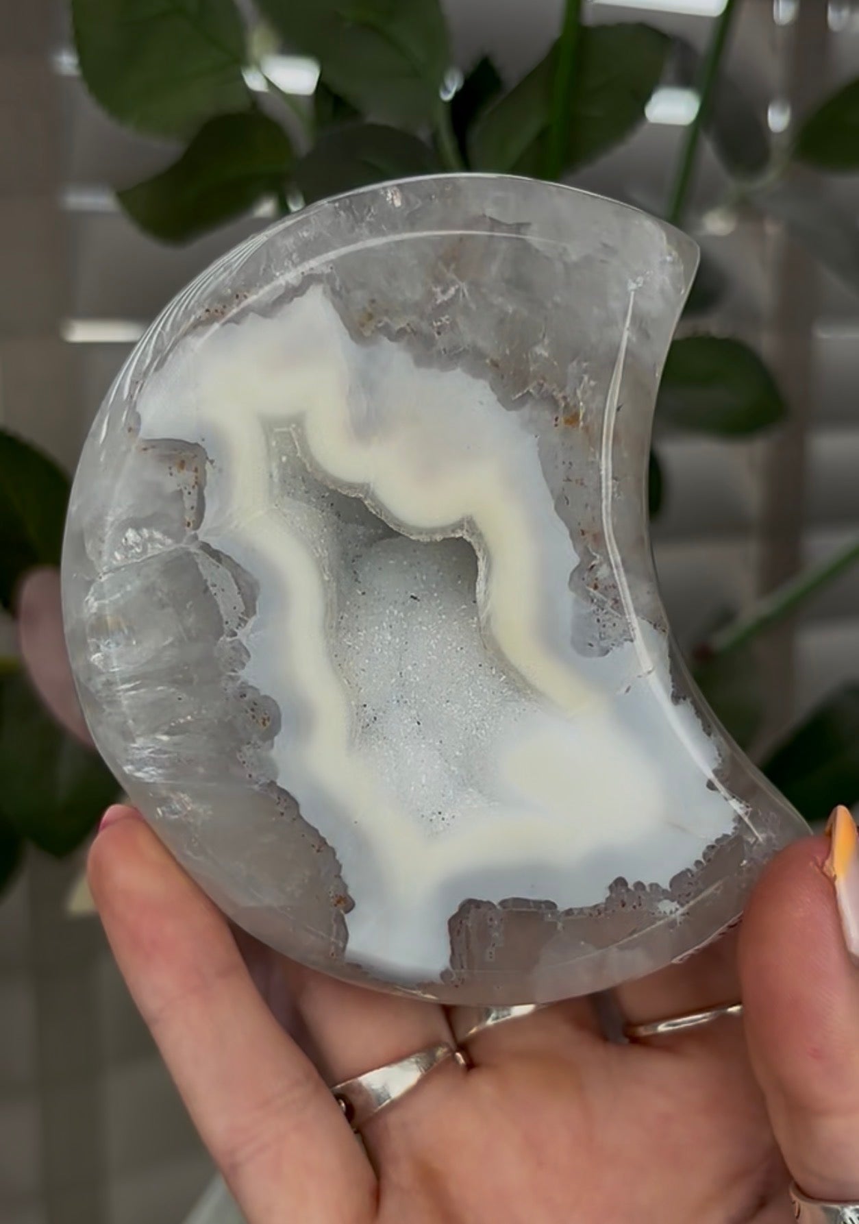 Beautiful, high grade, agate moon with druzy - comes with stand