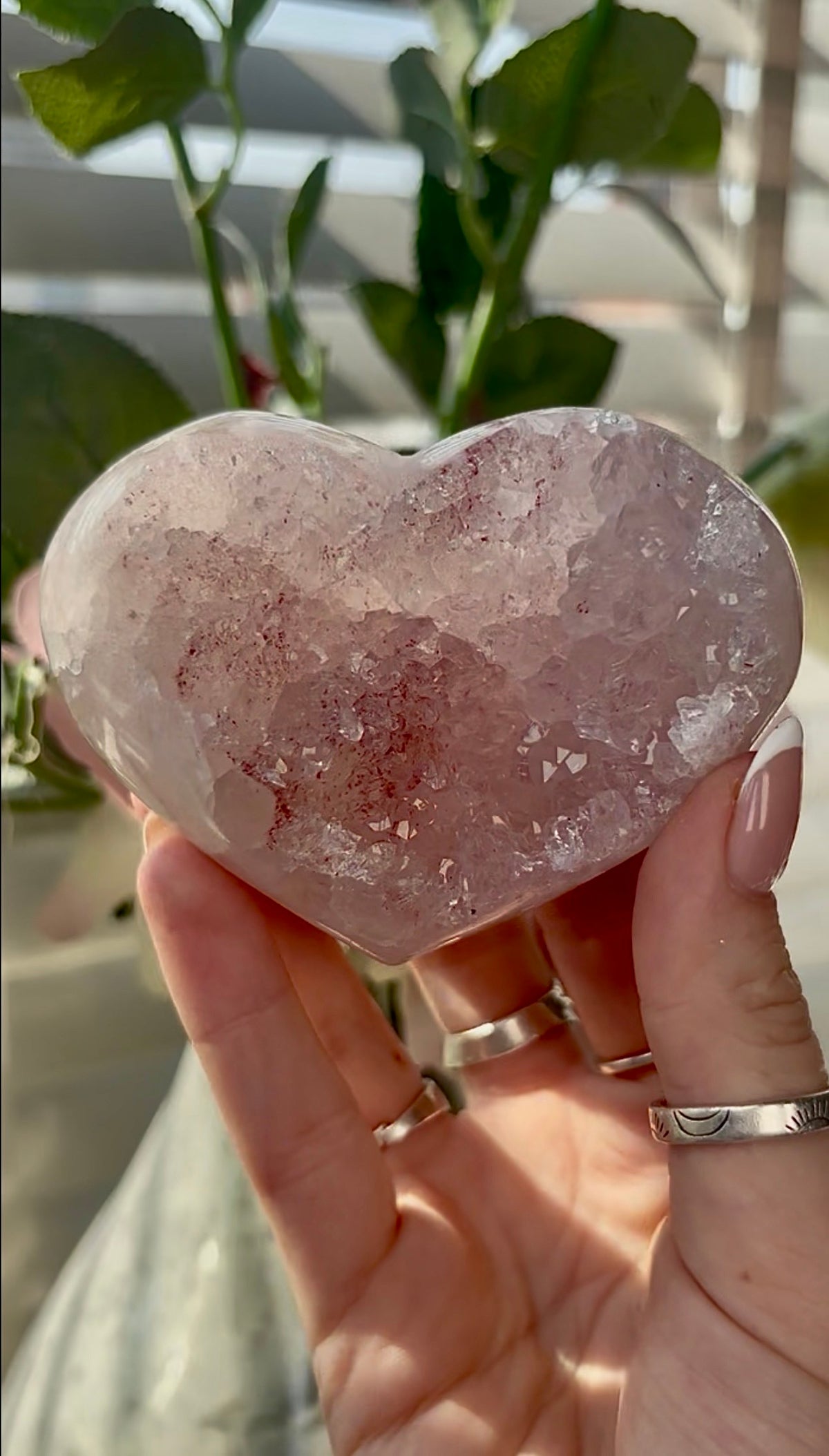 Gorgeous, pink amethyst heart- comes with stand