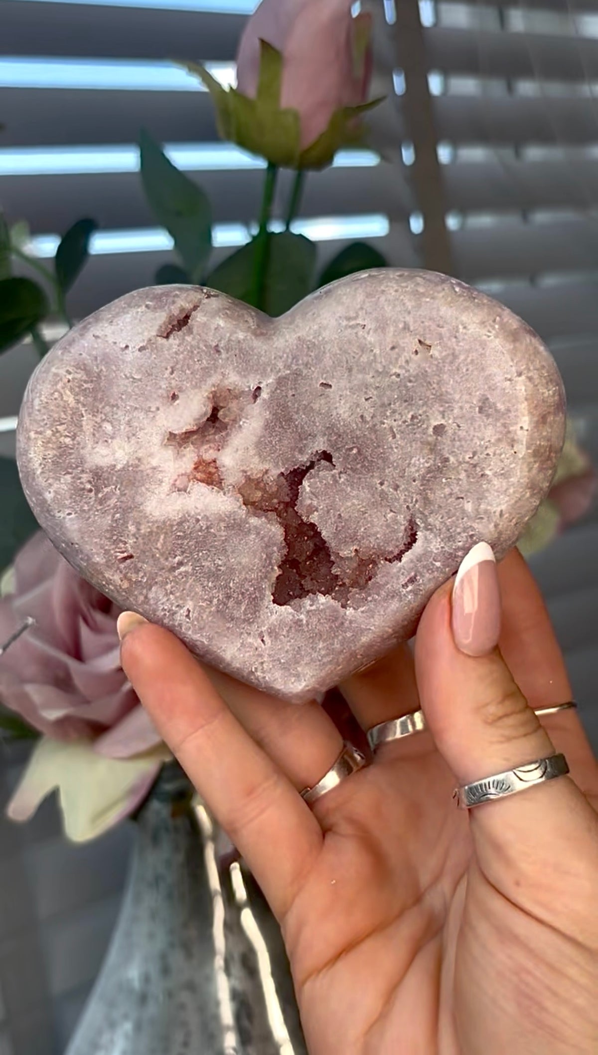 Gorgeous, pink amethyst heart - comes with stand
