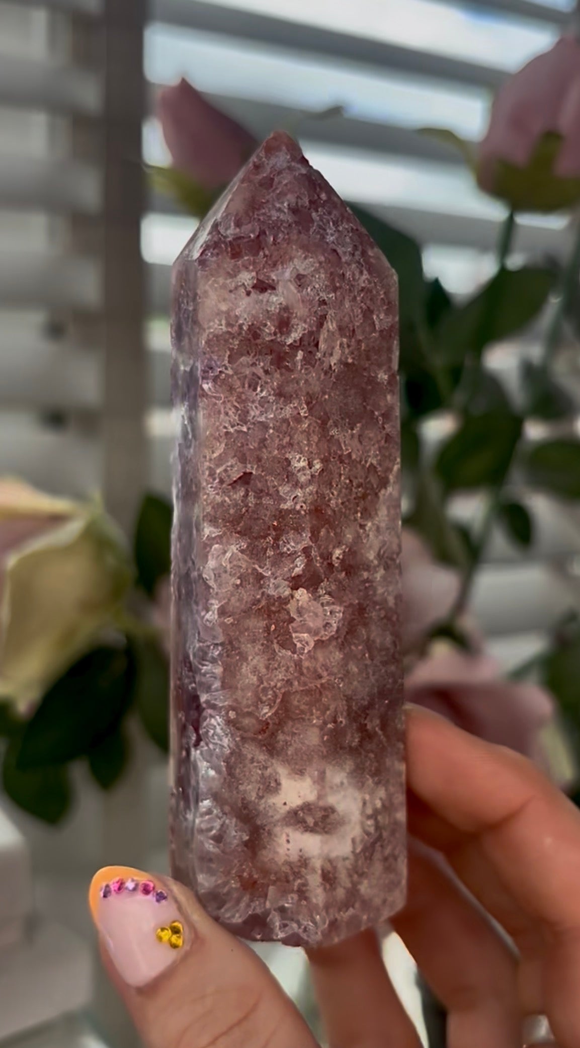 Pretty, Pink amethyst tower with quartz & Green jasper