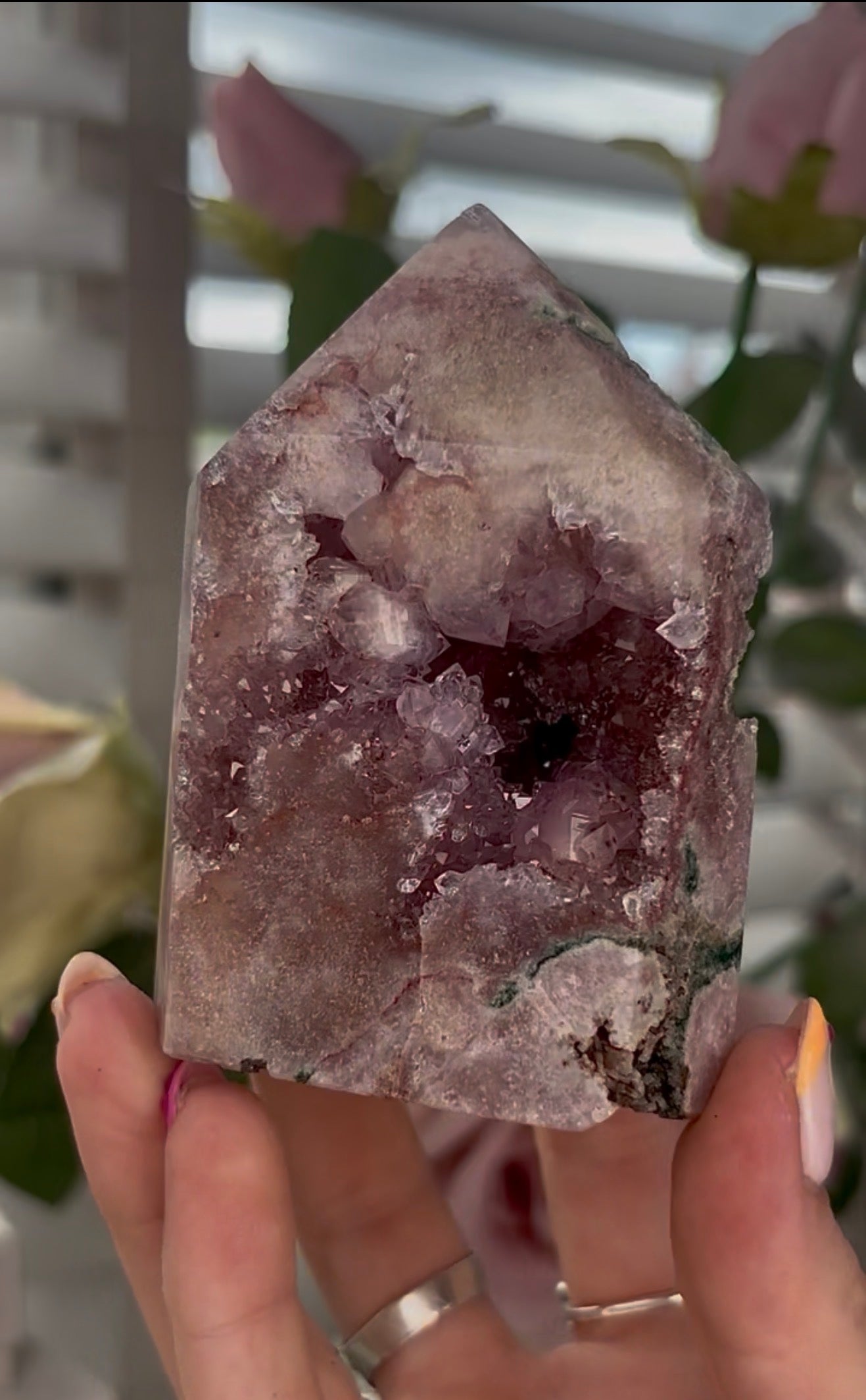 Pretty, high quality, Pink amethyst tower, with lilac quartz druzy