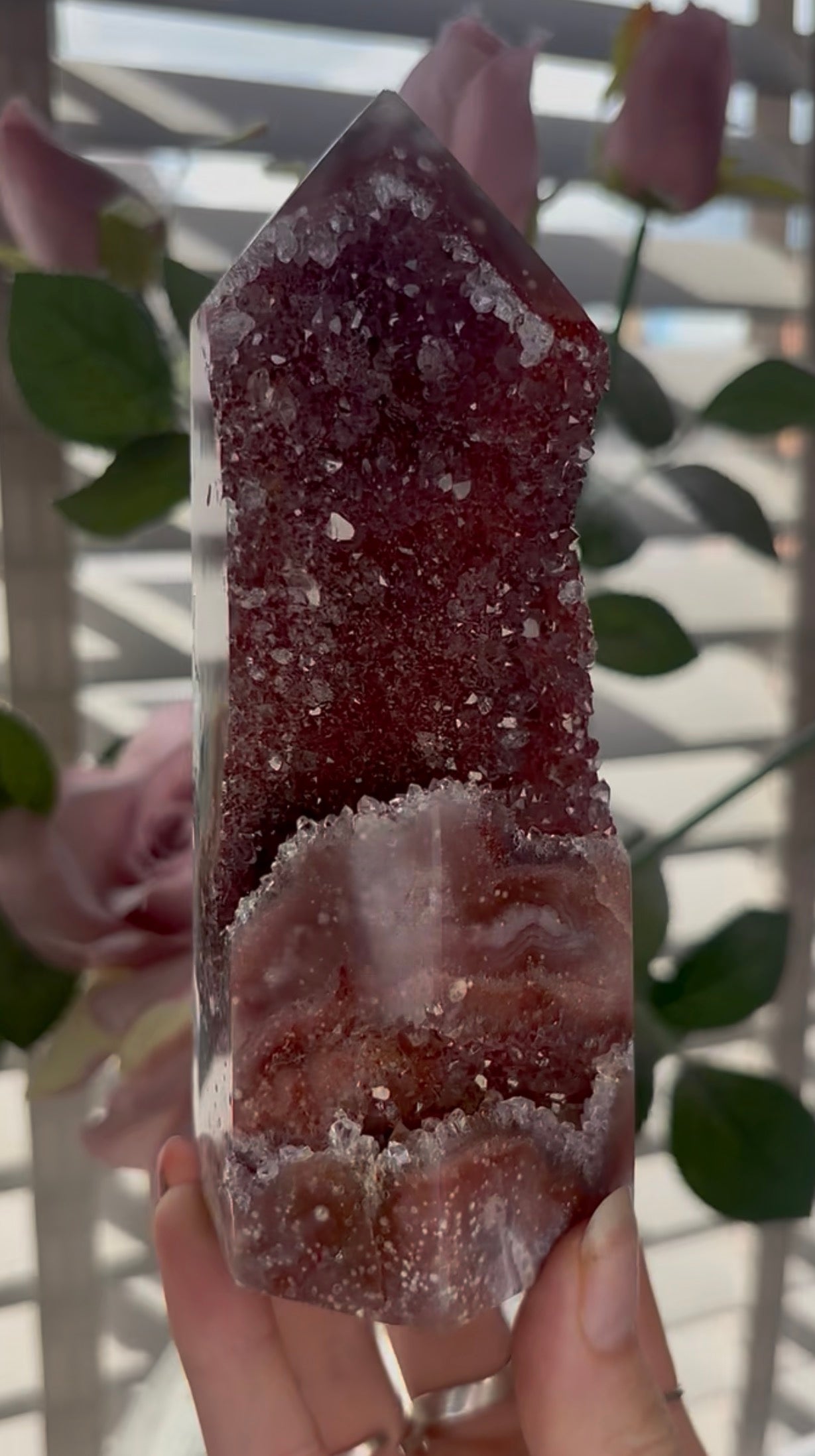 Incredible, high quality, Pink amethyst tower in red tones with sugar druzy