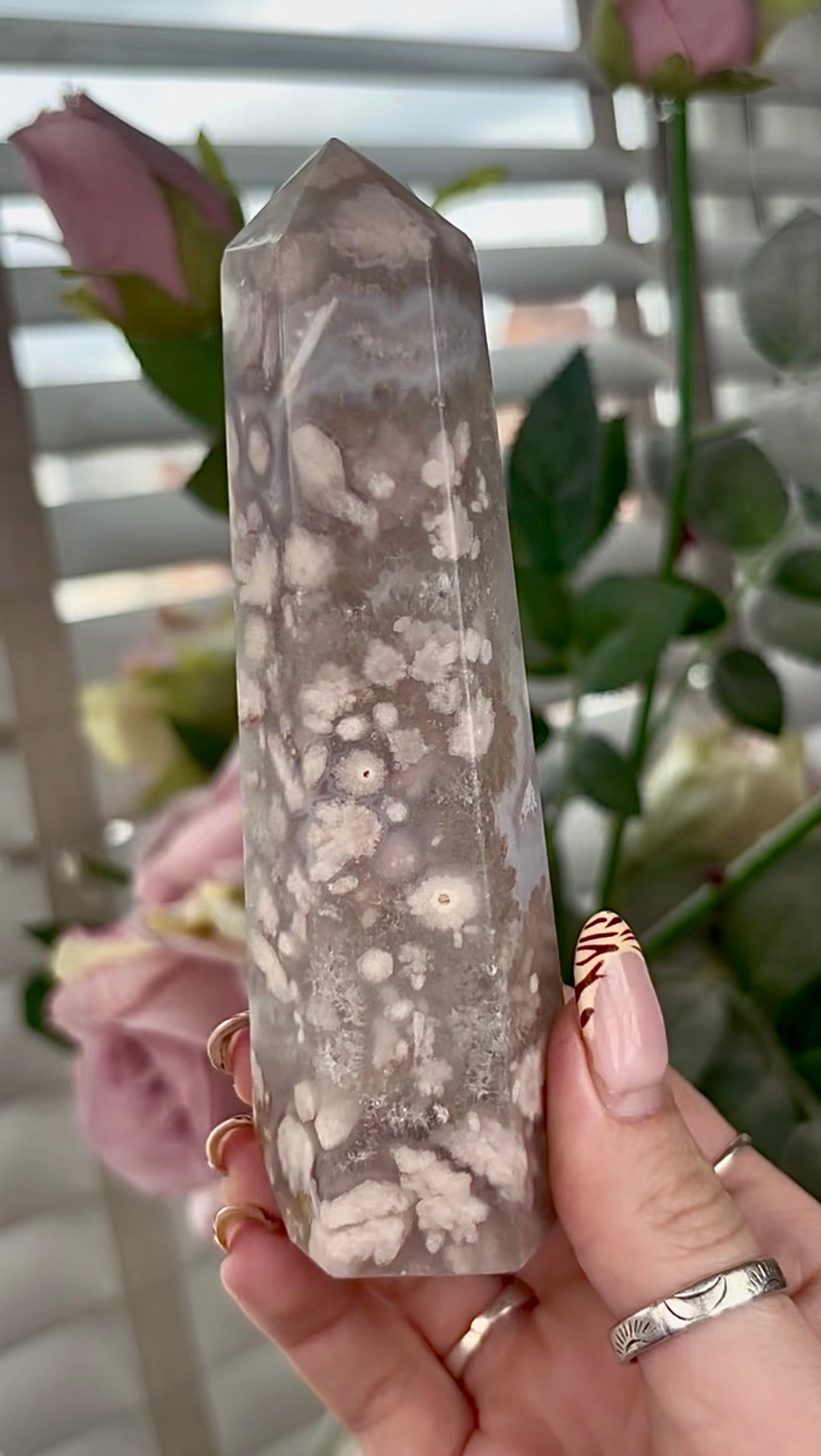 Stunning!! Super high quality, Druzy, green chlorite x blue flower agate tower