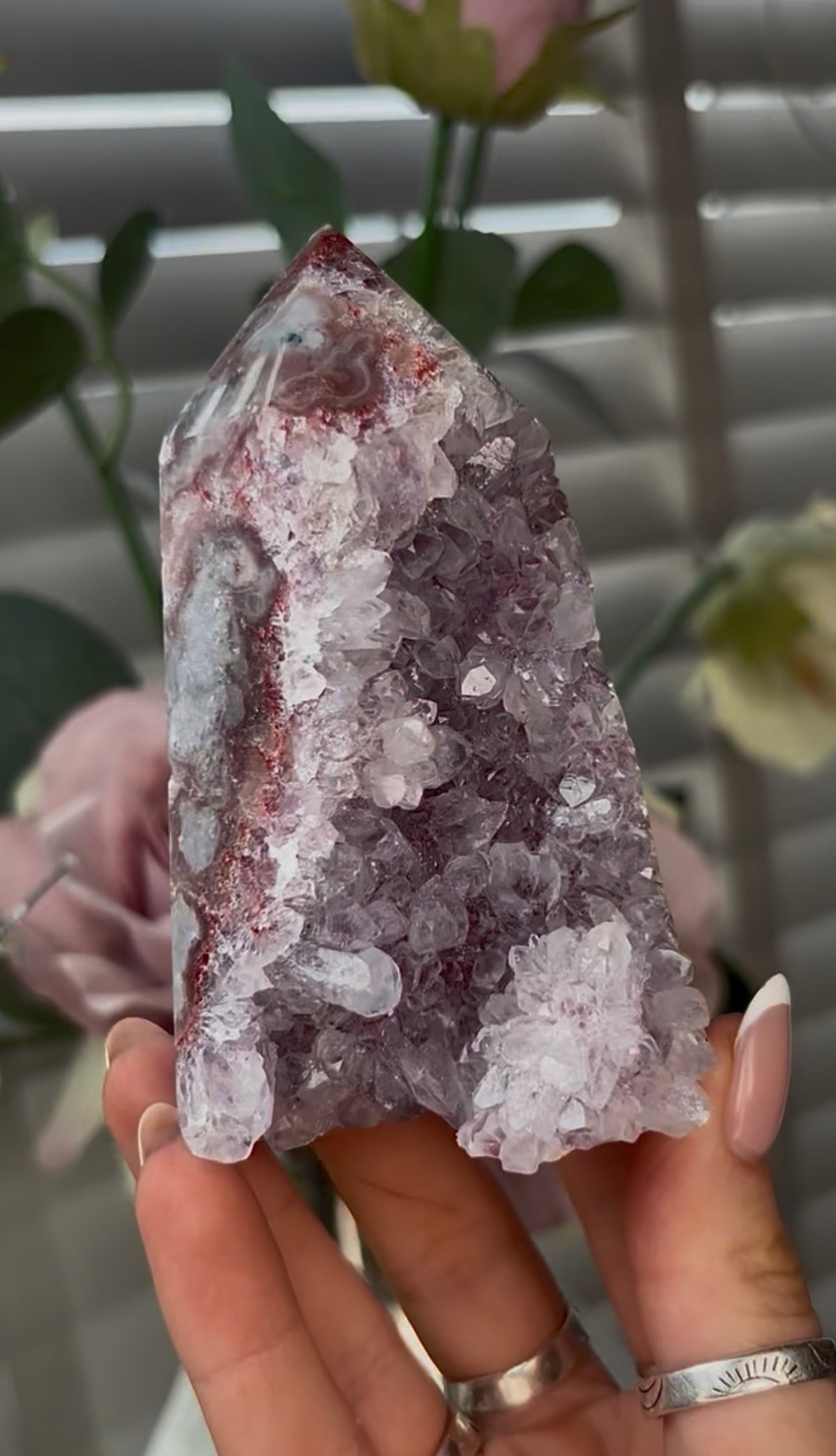 Beautiful, hq, druzy, Pink amethyst tower 10cm(h) by 6cm(w)
