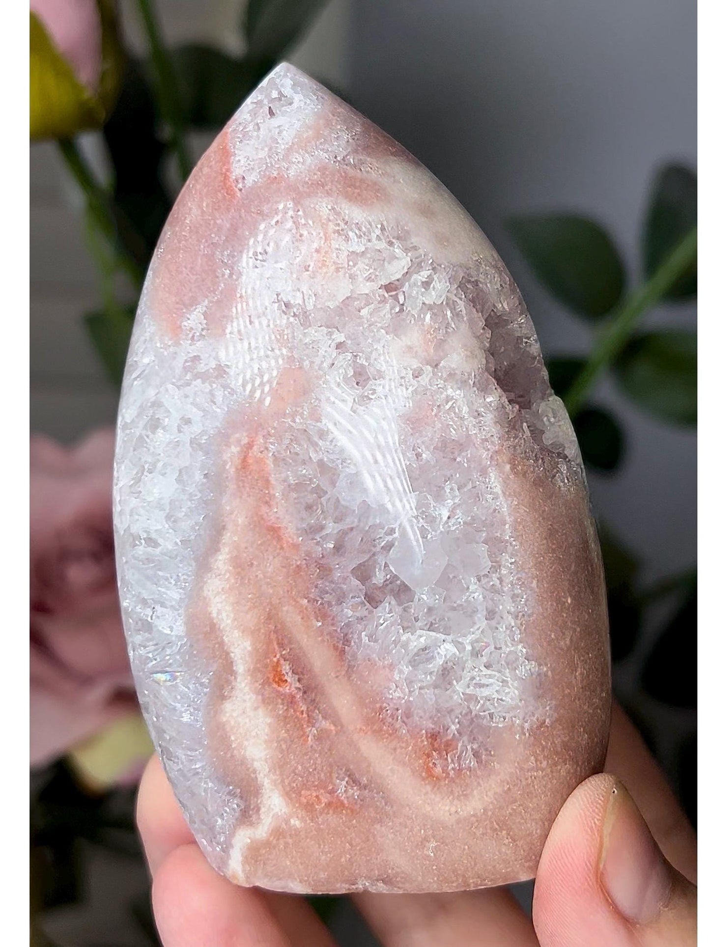 High grade, pink amethyst flame with rainbow quartz