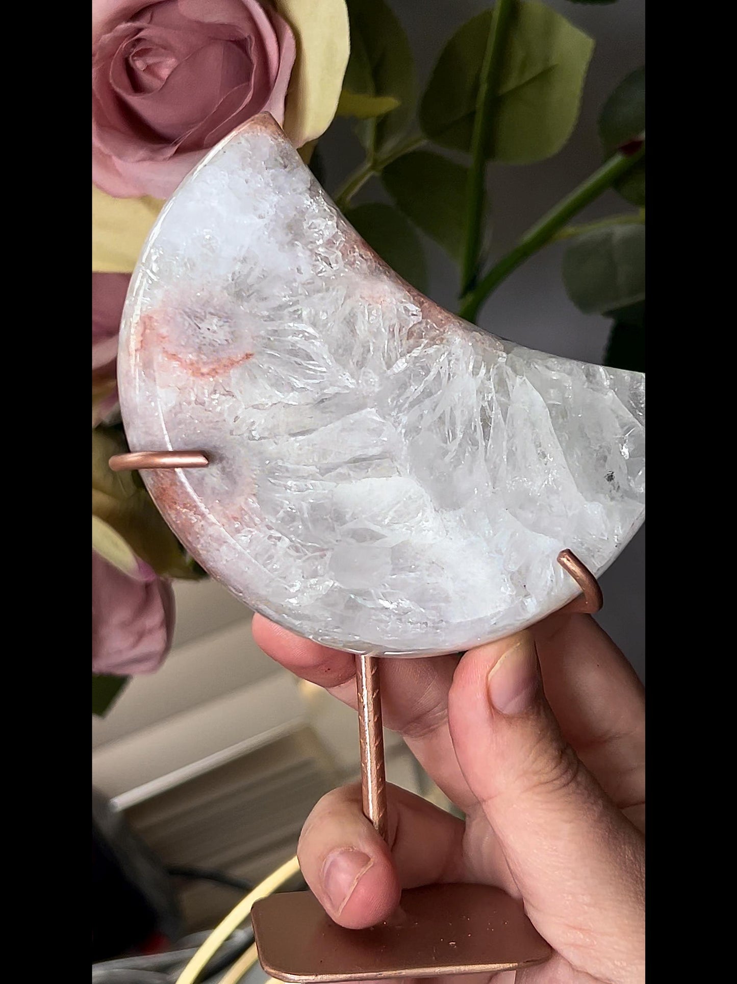 High grade, pink amethyst moon with covered in mostly rainbow quartz 420g