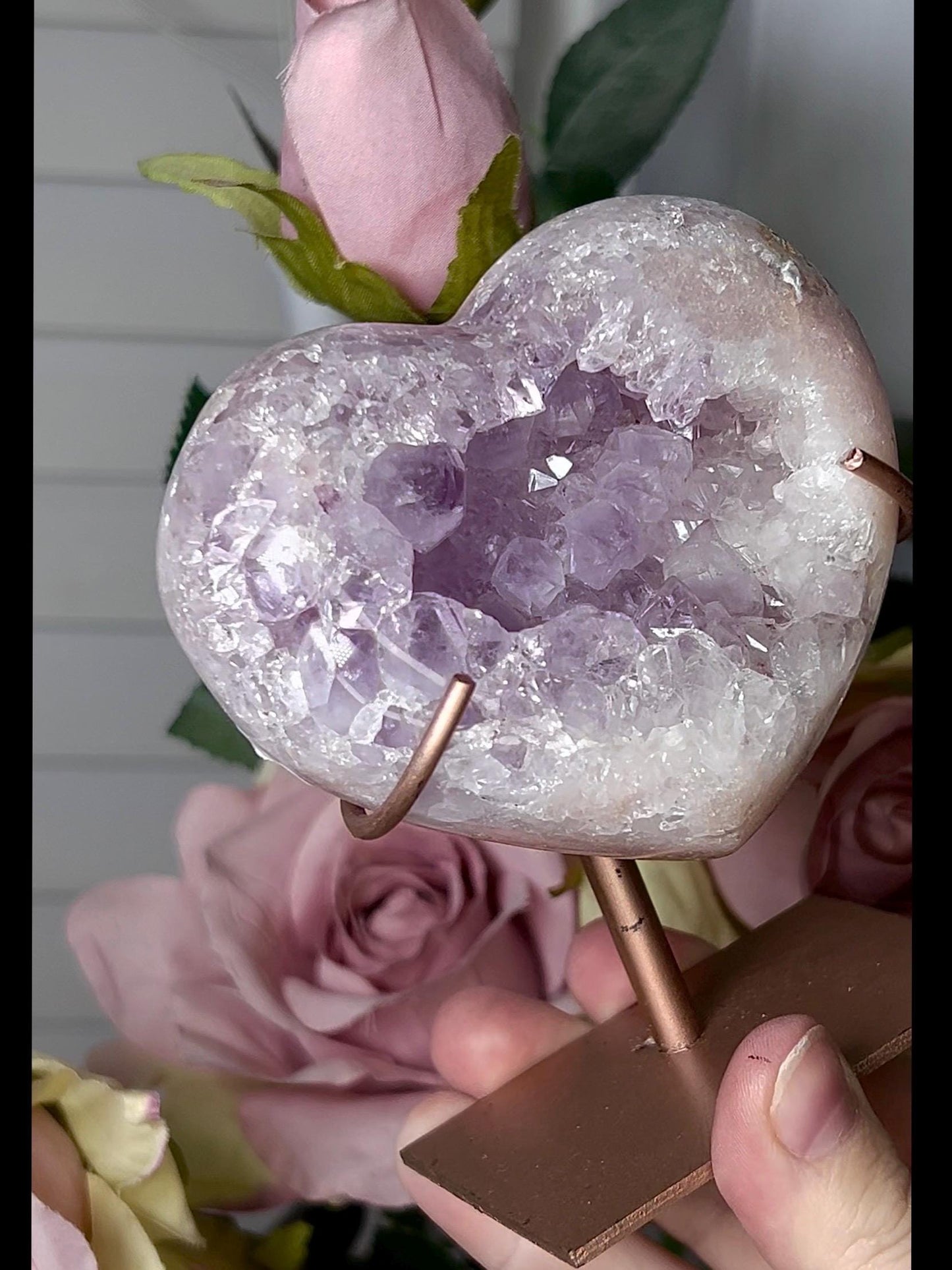 High grade, stunning, pink amethyst heart with purple quartz on stand 384g