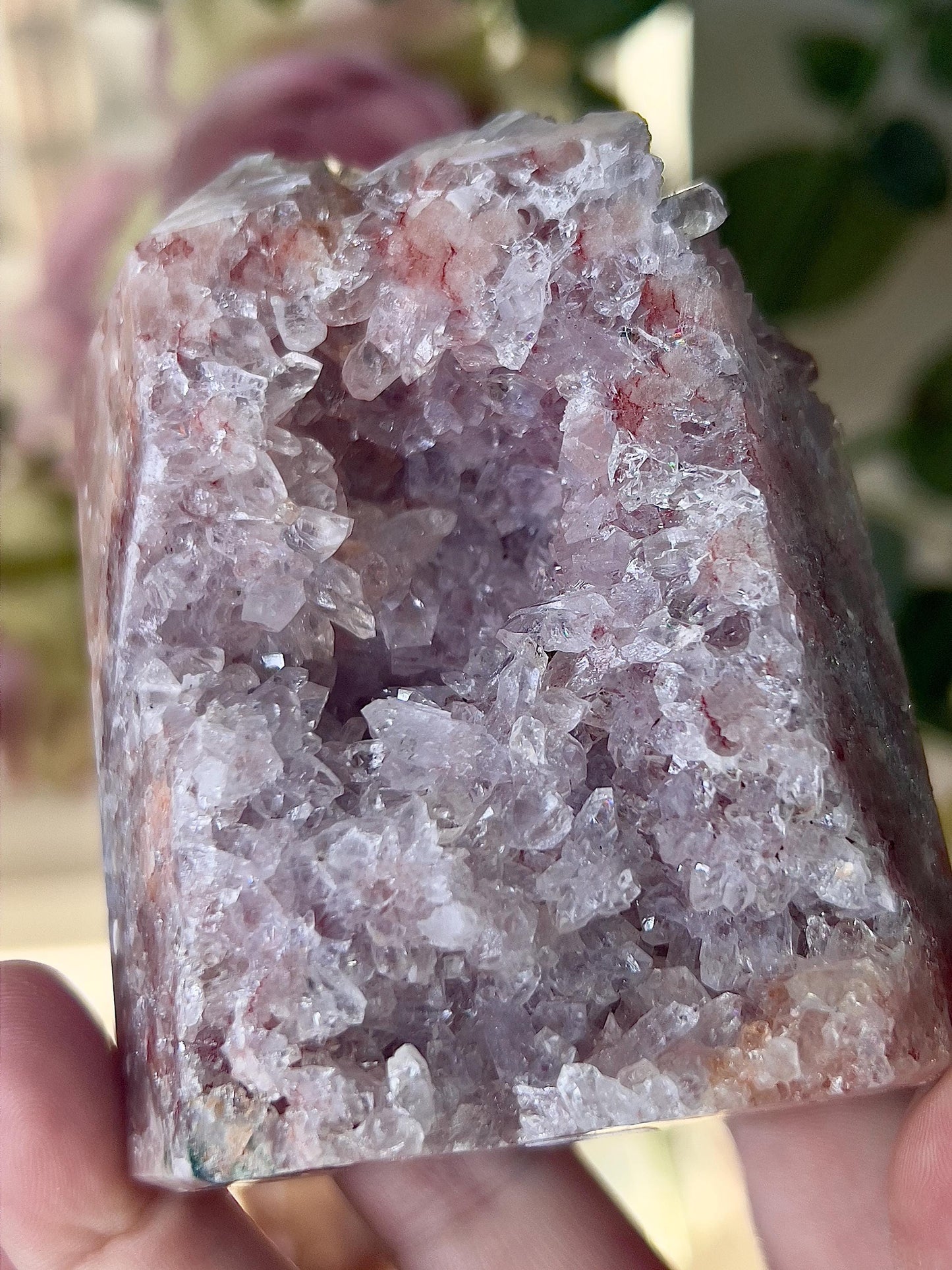 High grade, pink amethyst tower with high grade quartz druzy 370g