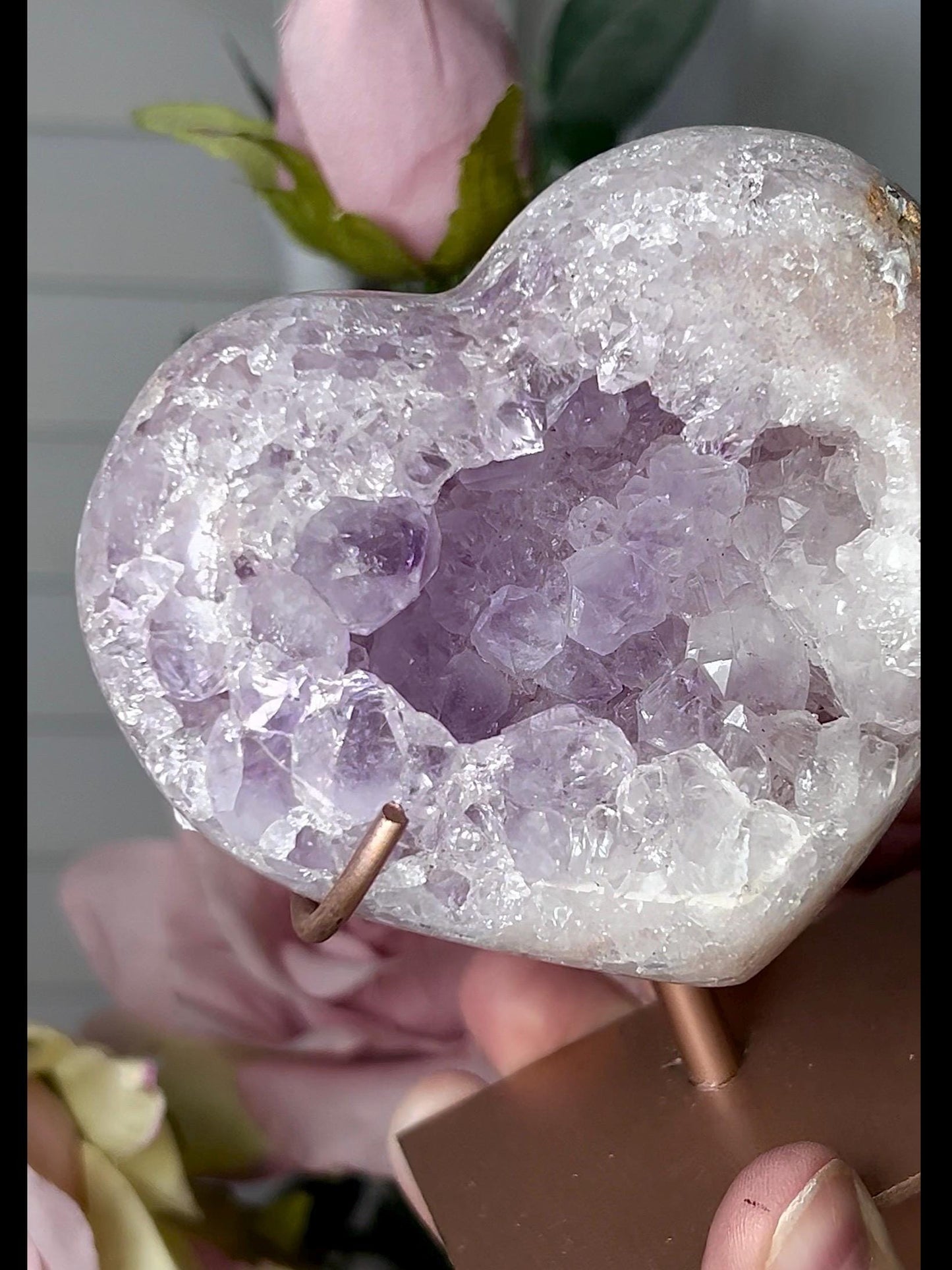 High grade, stunning, pink amethyst heart with purple quartz on stand 384g