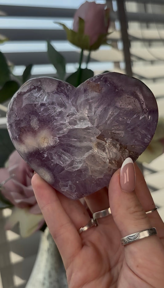 Gorgeous, high quality, pink amethyst heart with purple quartz - comes with stand