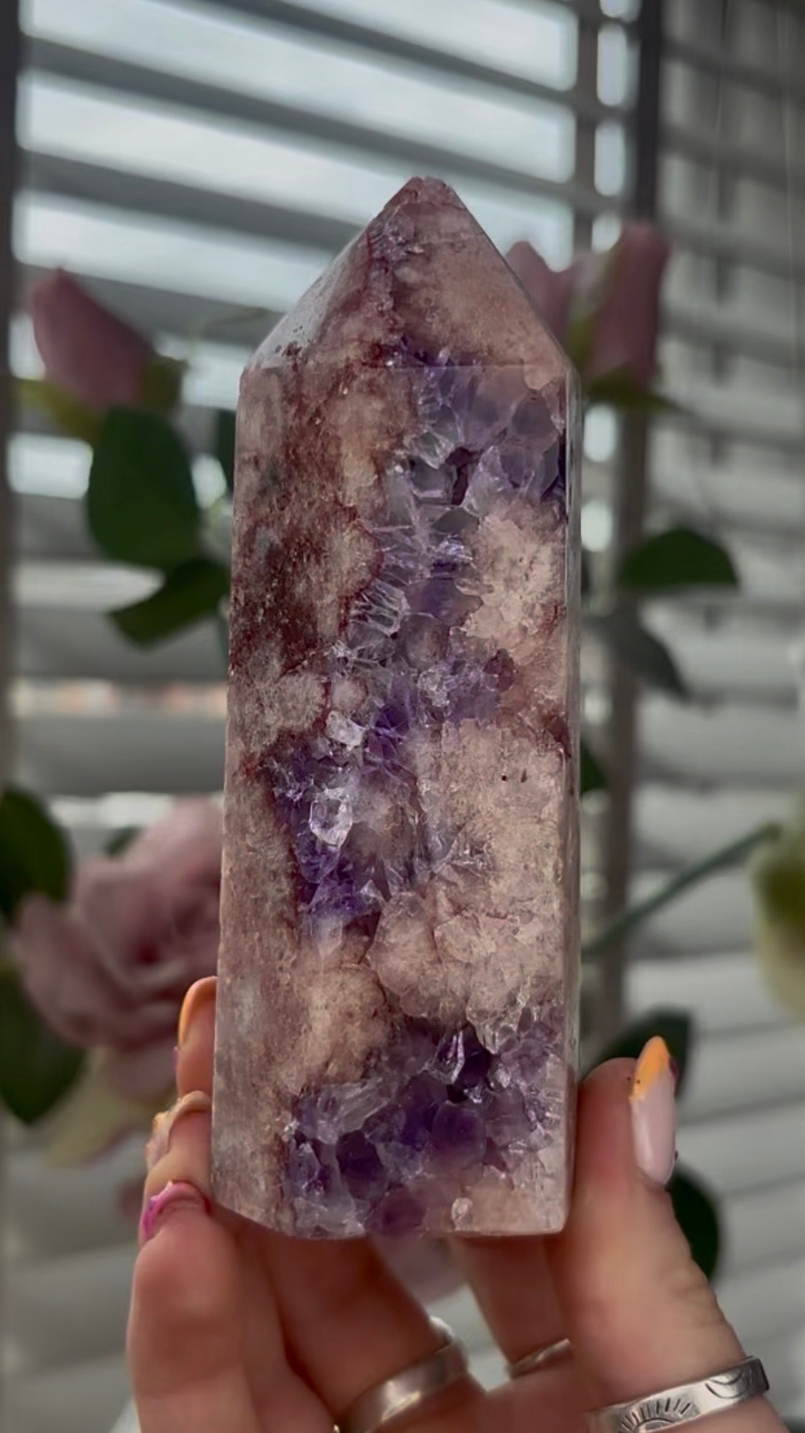 High quality, Pink amethyst tower, with purple quartz druzy