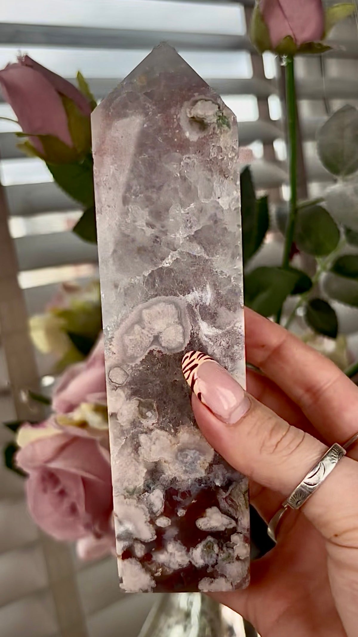 Stunning!! Super high quality, Druzy, green chlorite x blue flower agate tower