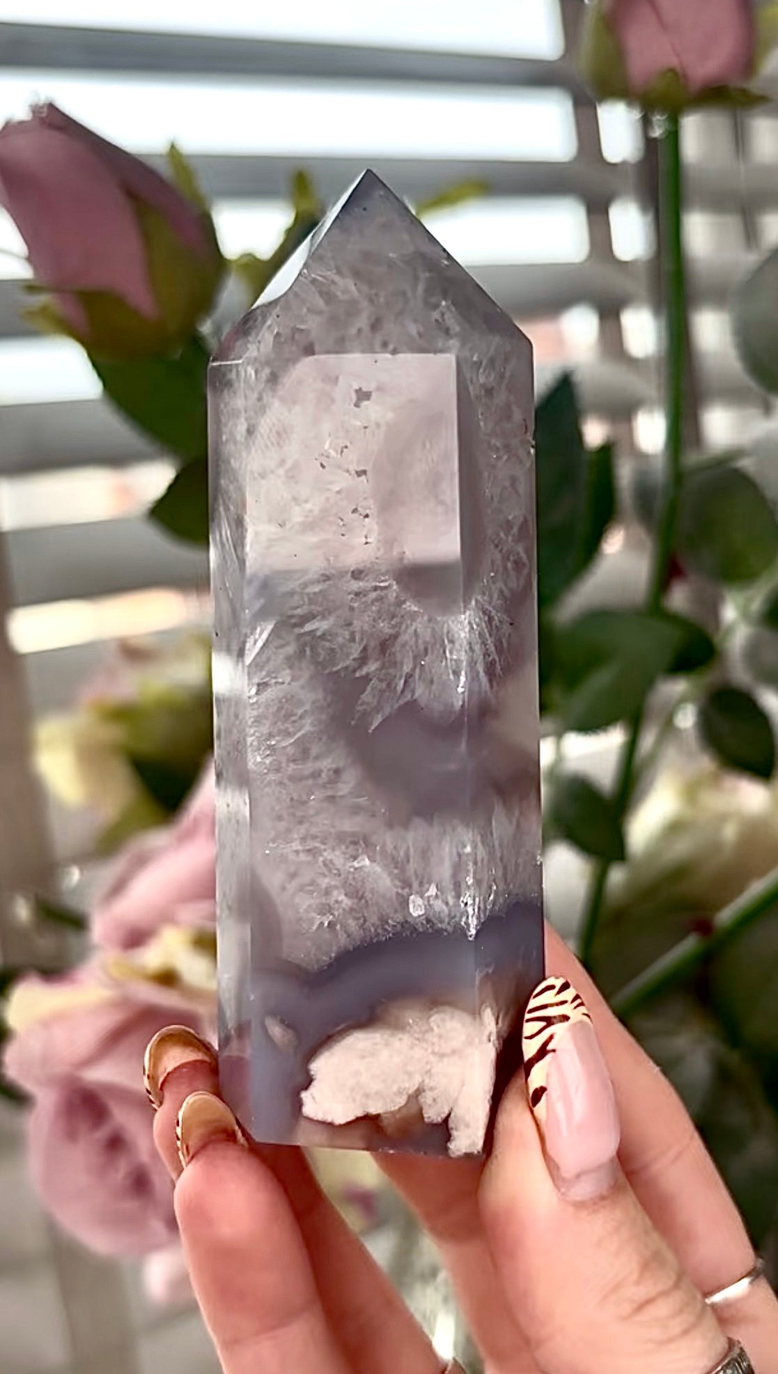 Stunning!! Super high quality, Druzy, green chlorite x blue flower agate tower
