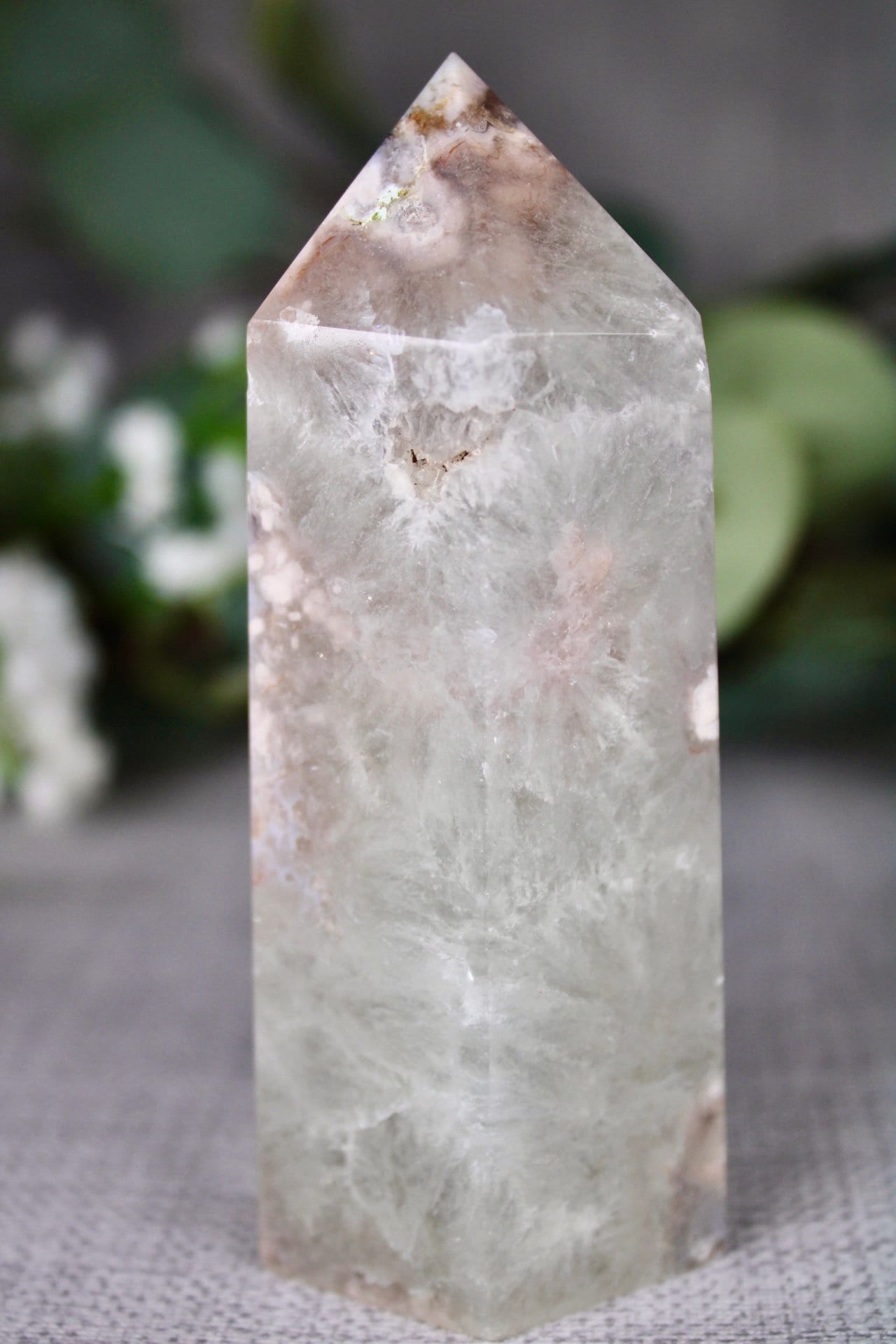 Green chlorite, flower agate, 6 side, polished tower 295g 11cm (H) 4.5cm (W)