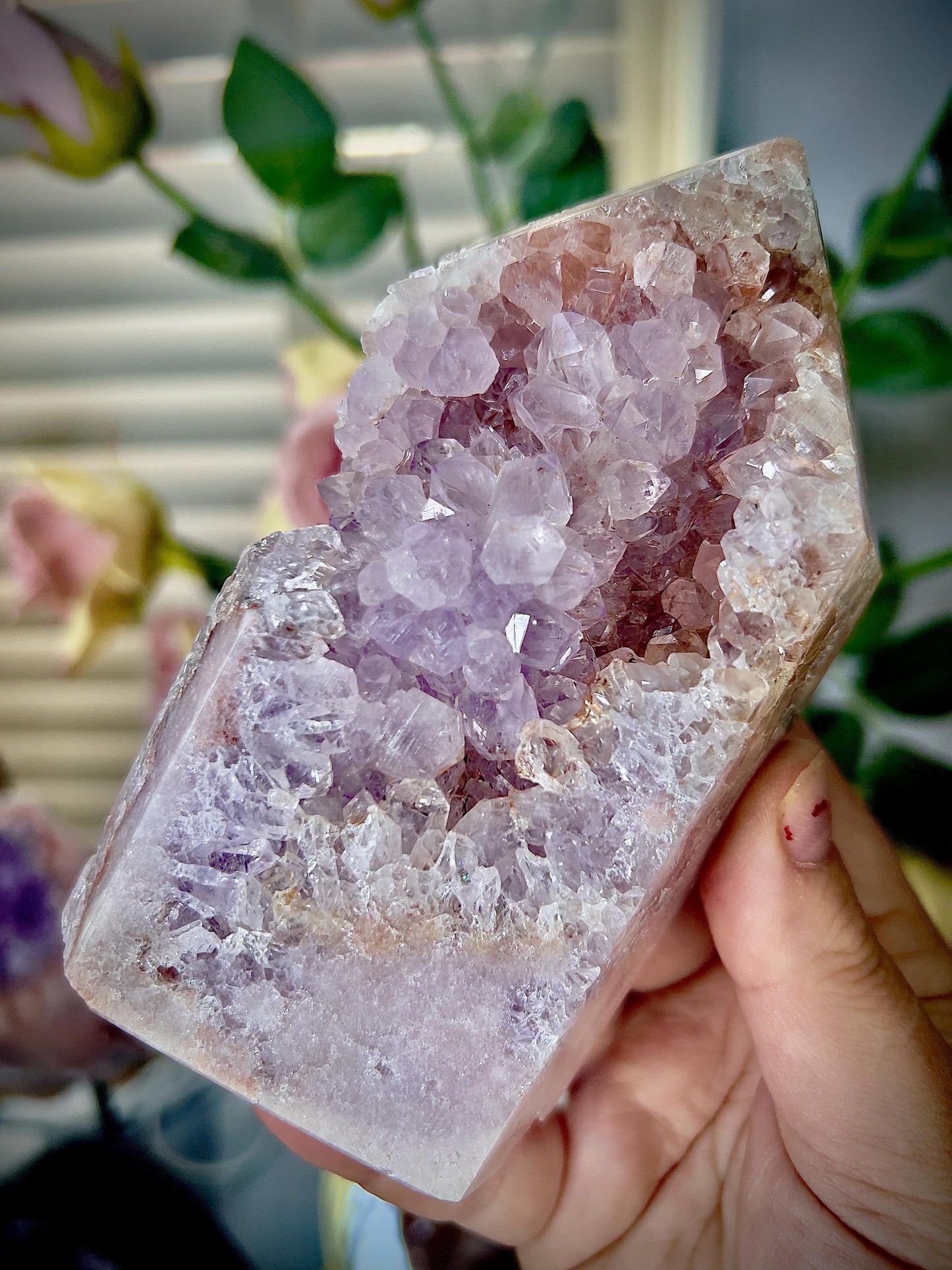 pink amethyst, Chonky with quartz druzy tower 640g