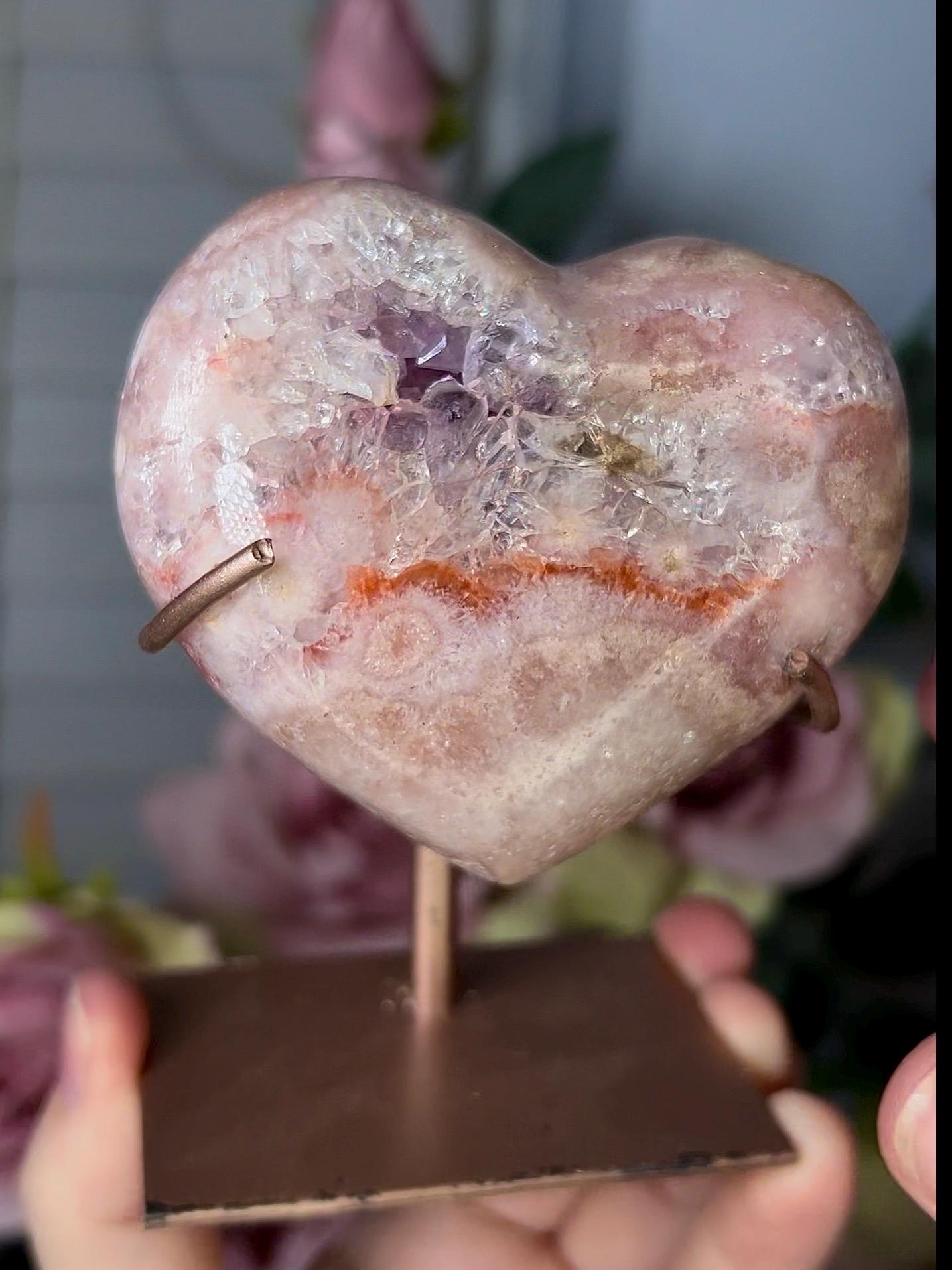 High grade, pink amethyst heart with purple quartz & hematite lining with stand