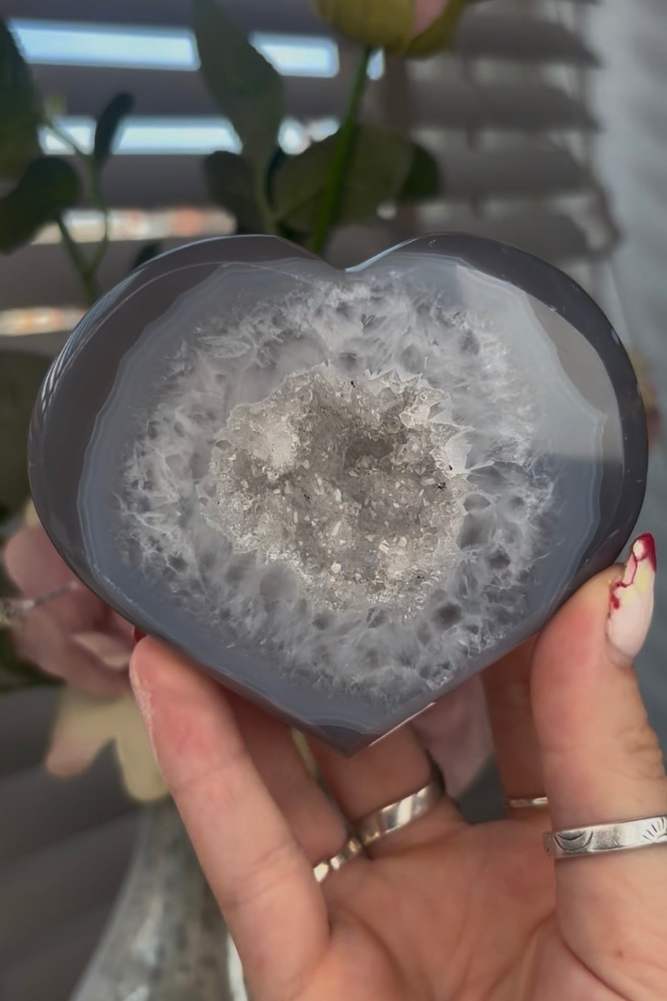 Beautiful, blue agate heart with druzy - stand included