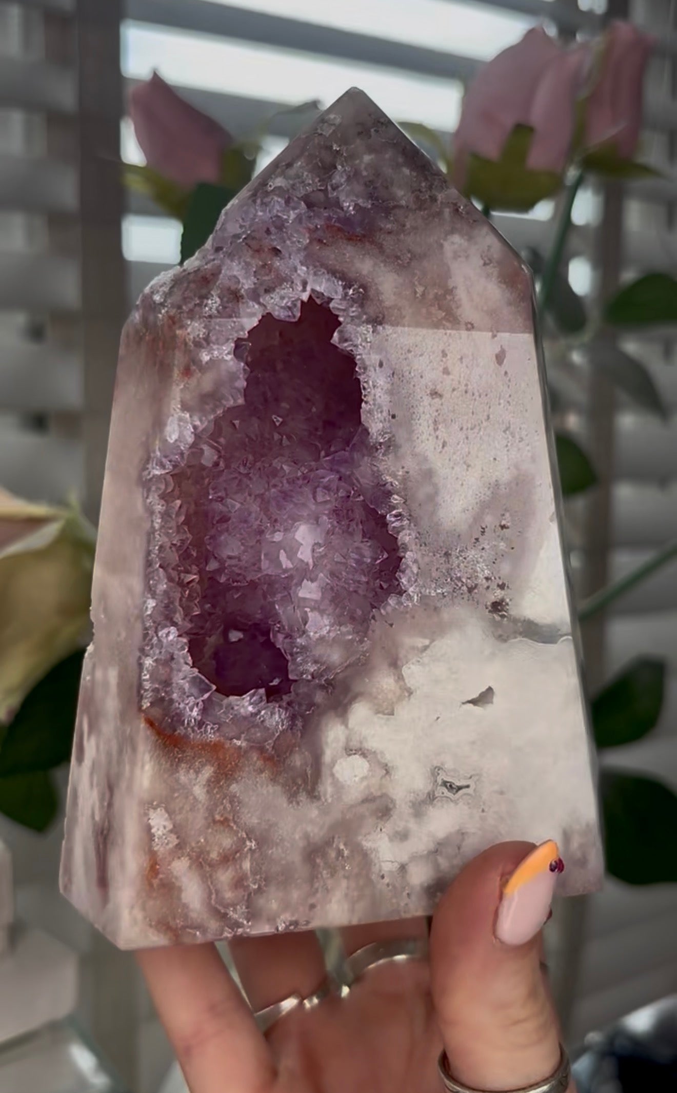 Huge, Beautiful, Pink amethyst tower with purple quartz druzy
