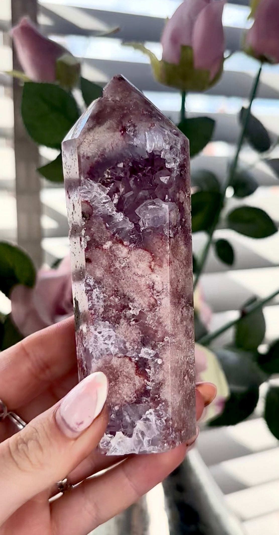 Beautiful, high quality, Pink amethyst tower with purple quartz