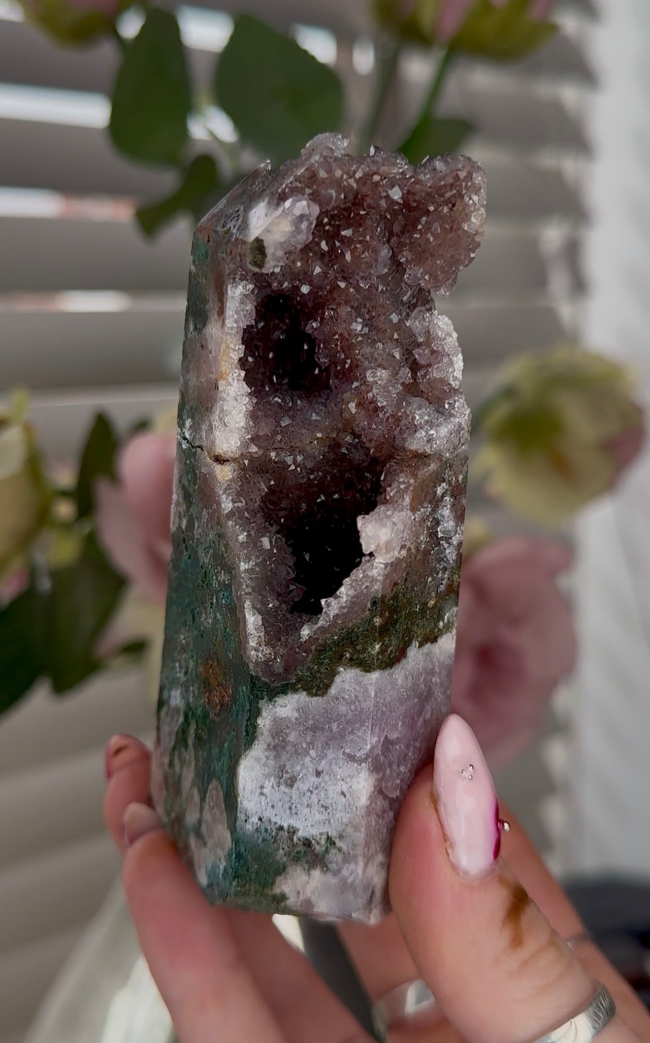 High quality Pink amethyst tower with jasper 11cm(h) 5cm(w)