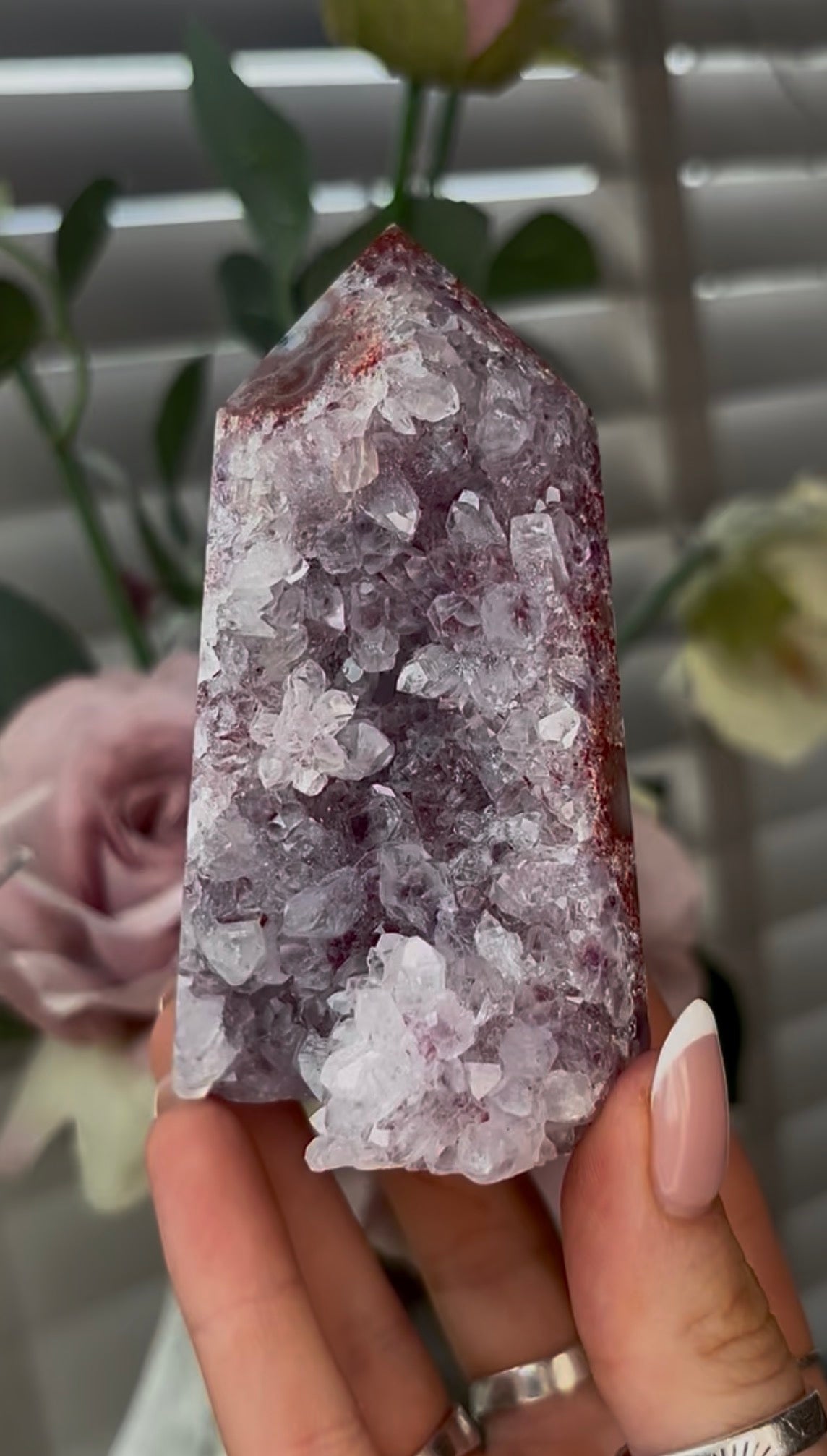 Beautiful, hq, druzy, Pink amethyst tower 10cm(h) by 6cm(w)
