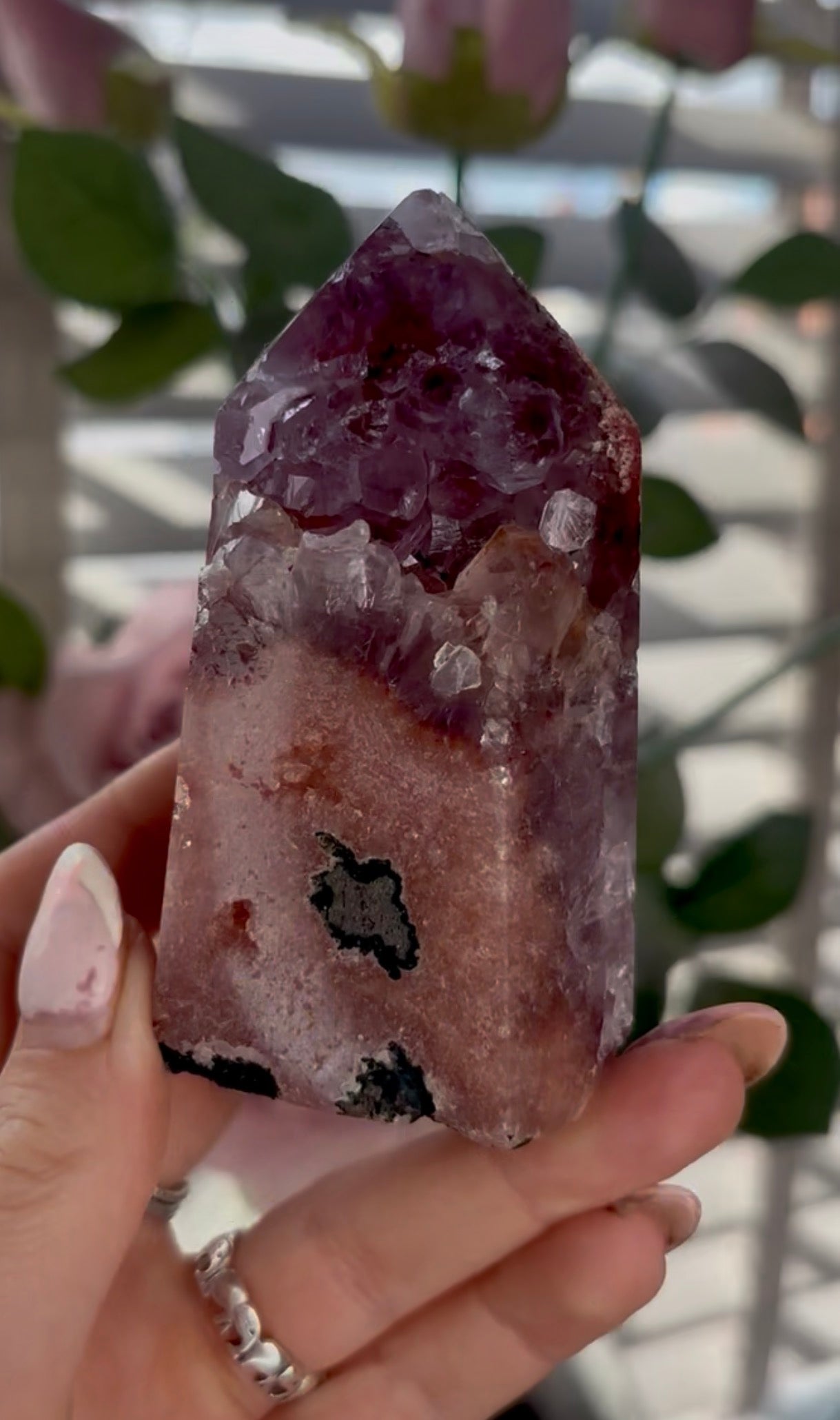 Beautiful, high quality, Pink amethyst tower with purple quartz & green jasper