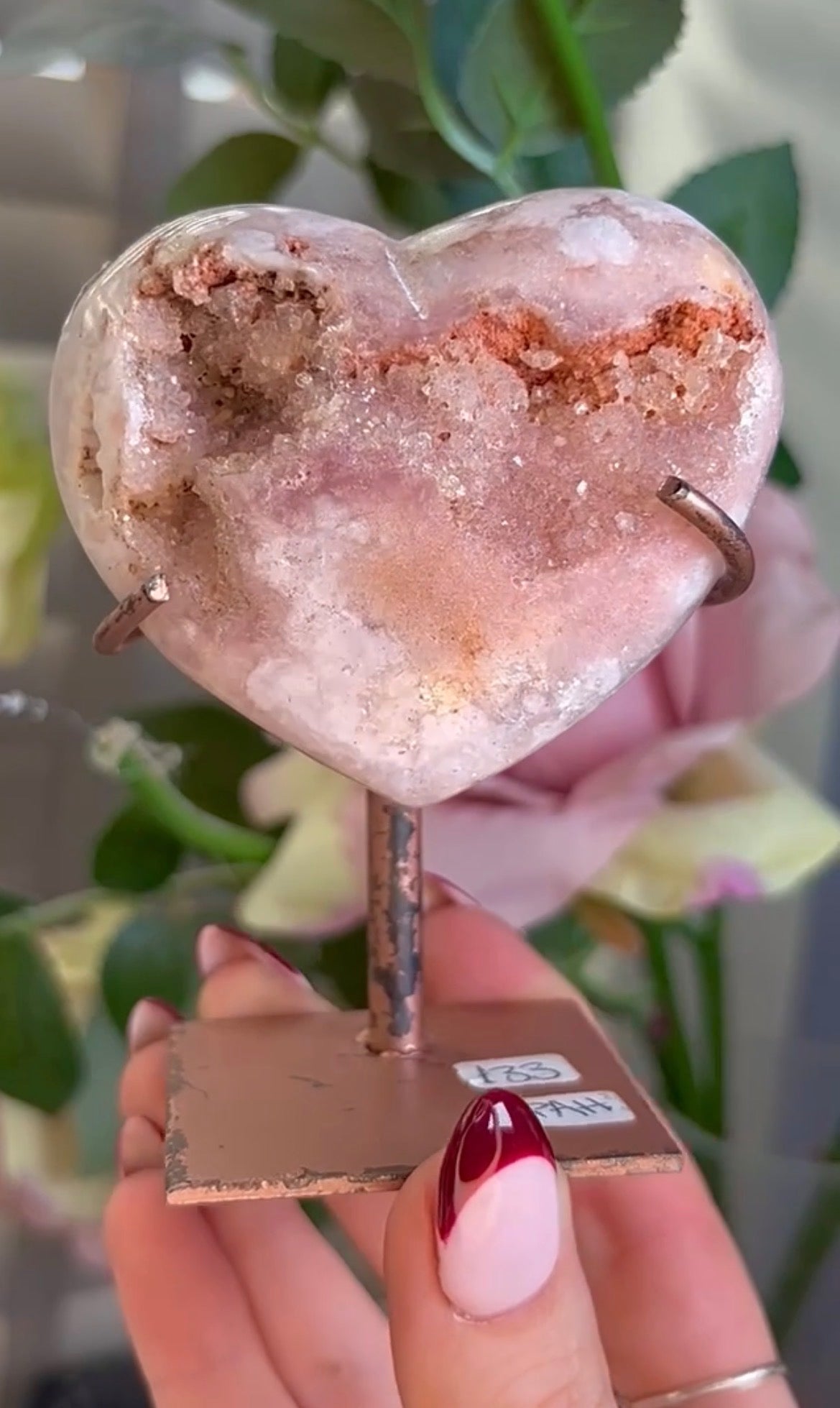 pink amethyst heart - comes with stand