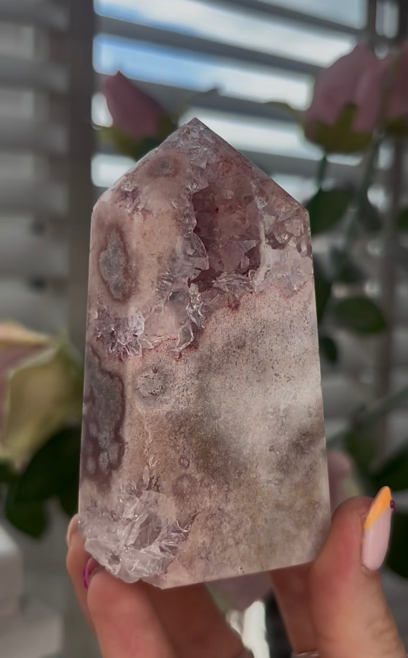 Beautiful, Pink amethyst tower with quartz druzy