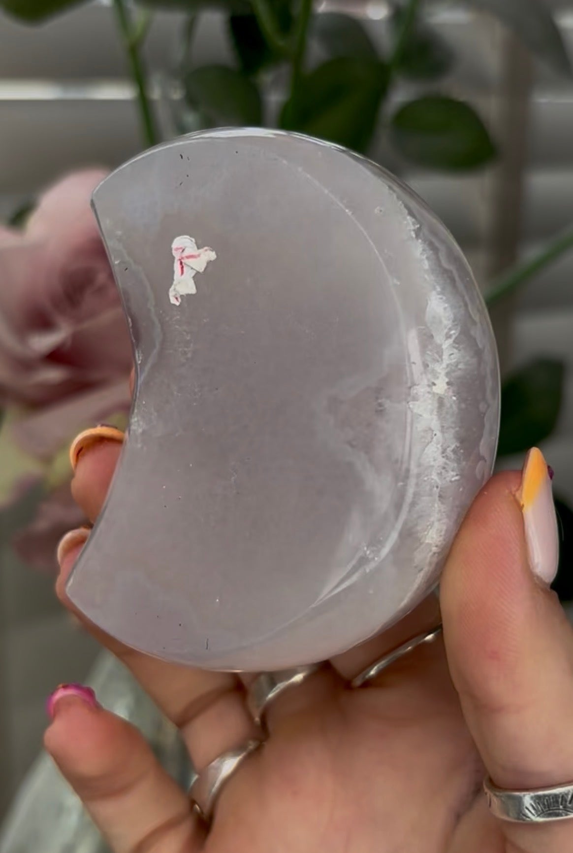 Beautiful, high grade, agate moon with druzy - comes with stand