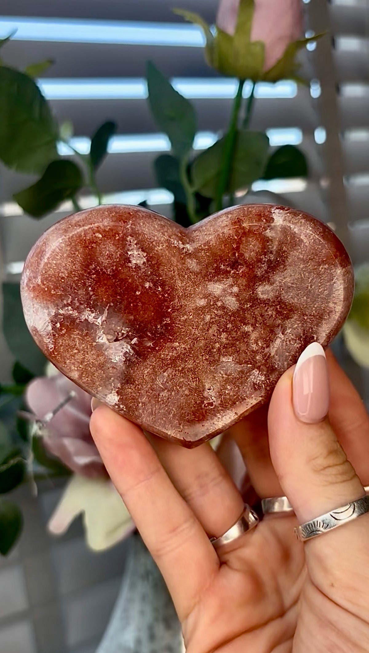 Gorgeous, pink amethyst heart- comes with stand