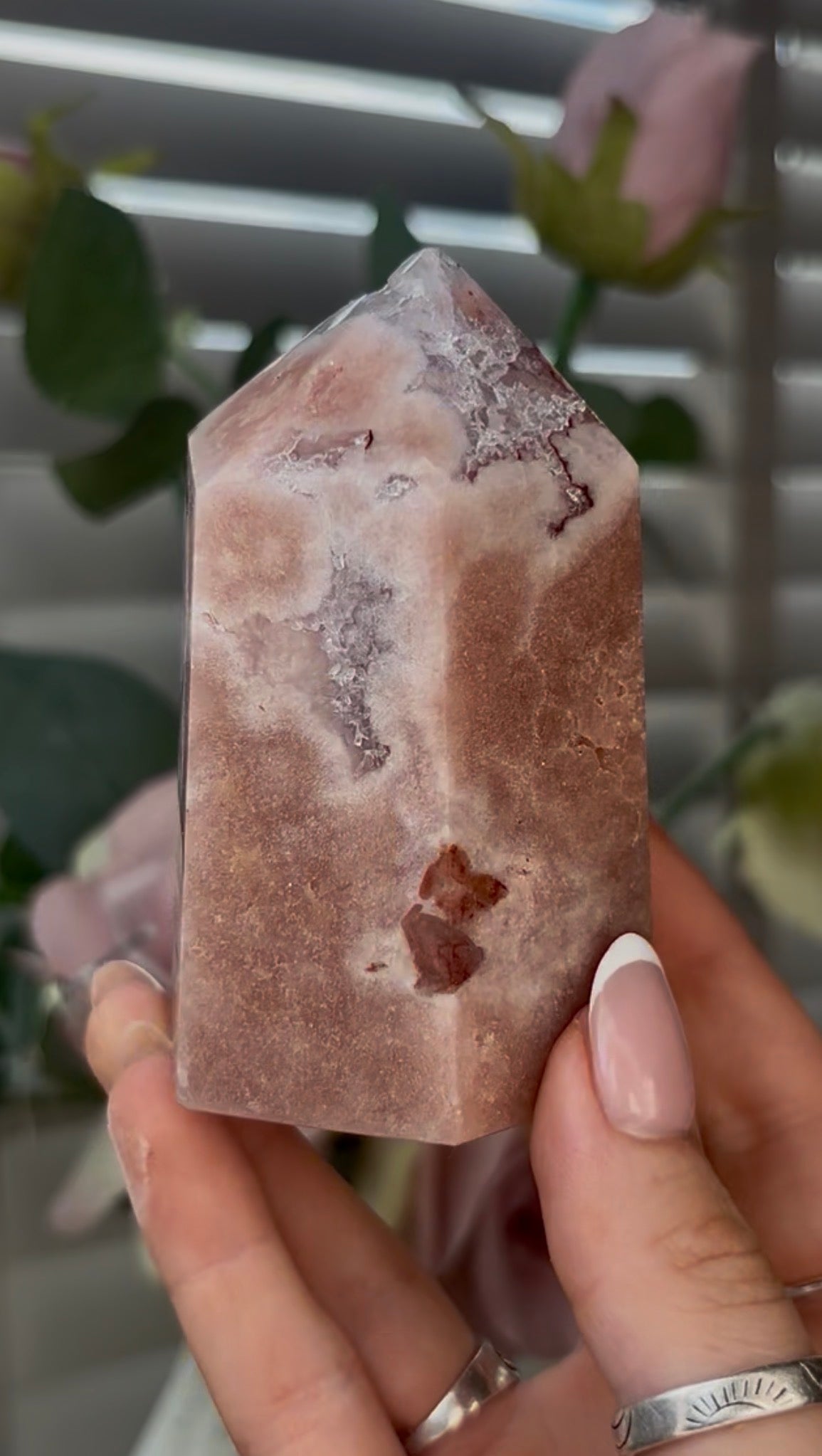 Beautiful, high quality, Pink amethyst tower with quartz 8.5cm(h) by 5.5cm(w)