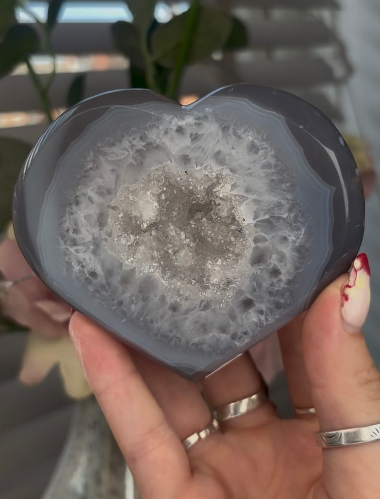 Beautiful, blue agate heart with druzy - stand included