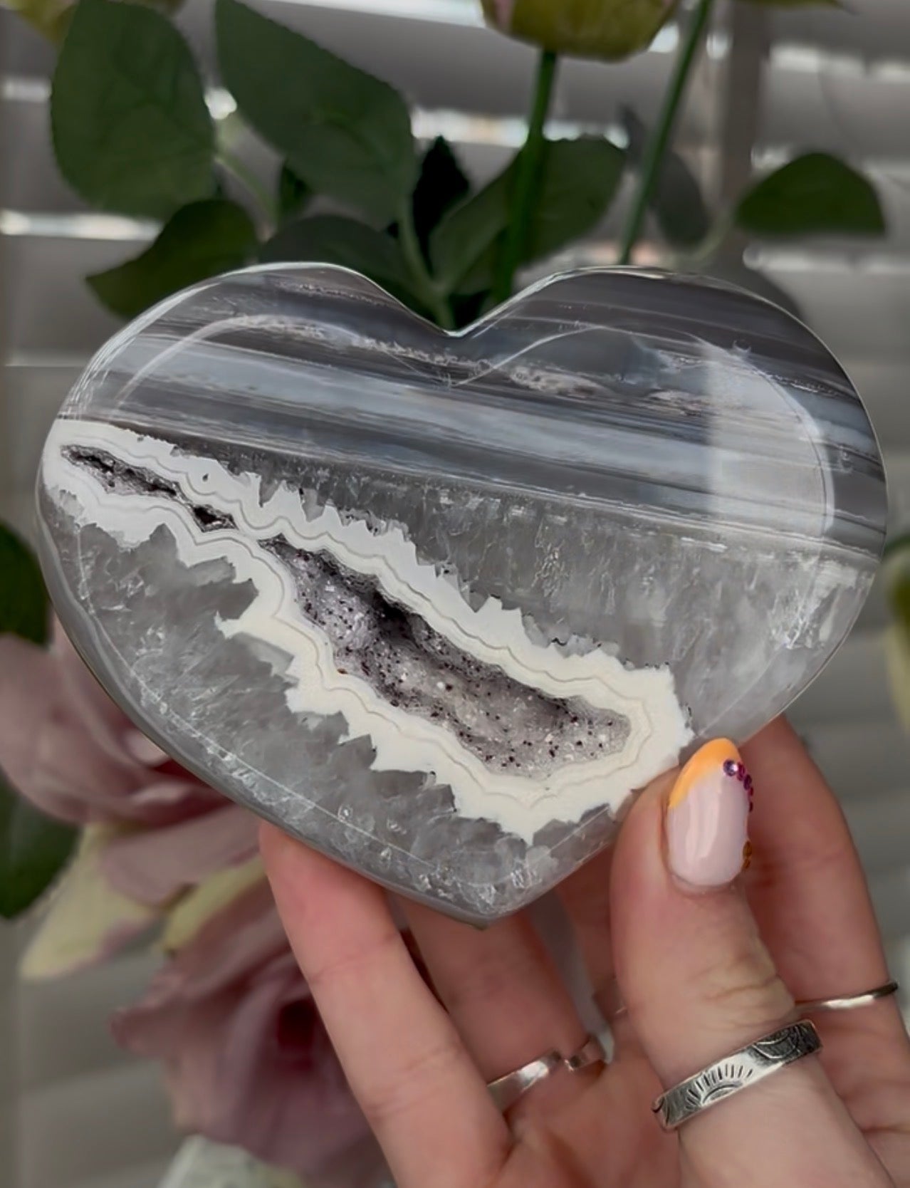 Beautiful, high grade, blue banded agate heart with druzy - stand included