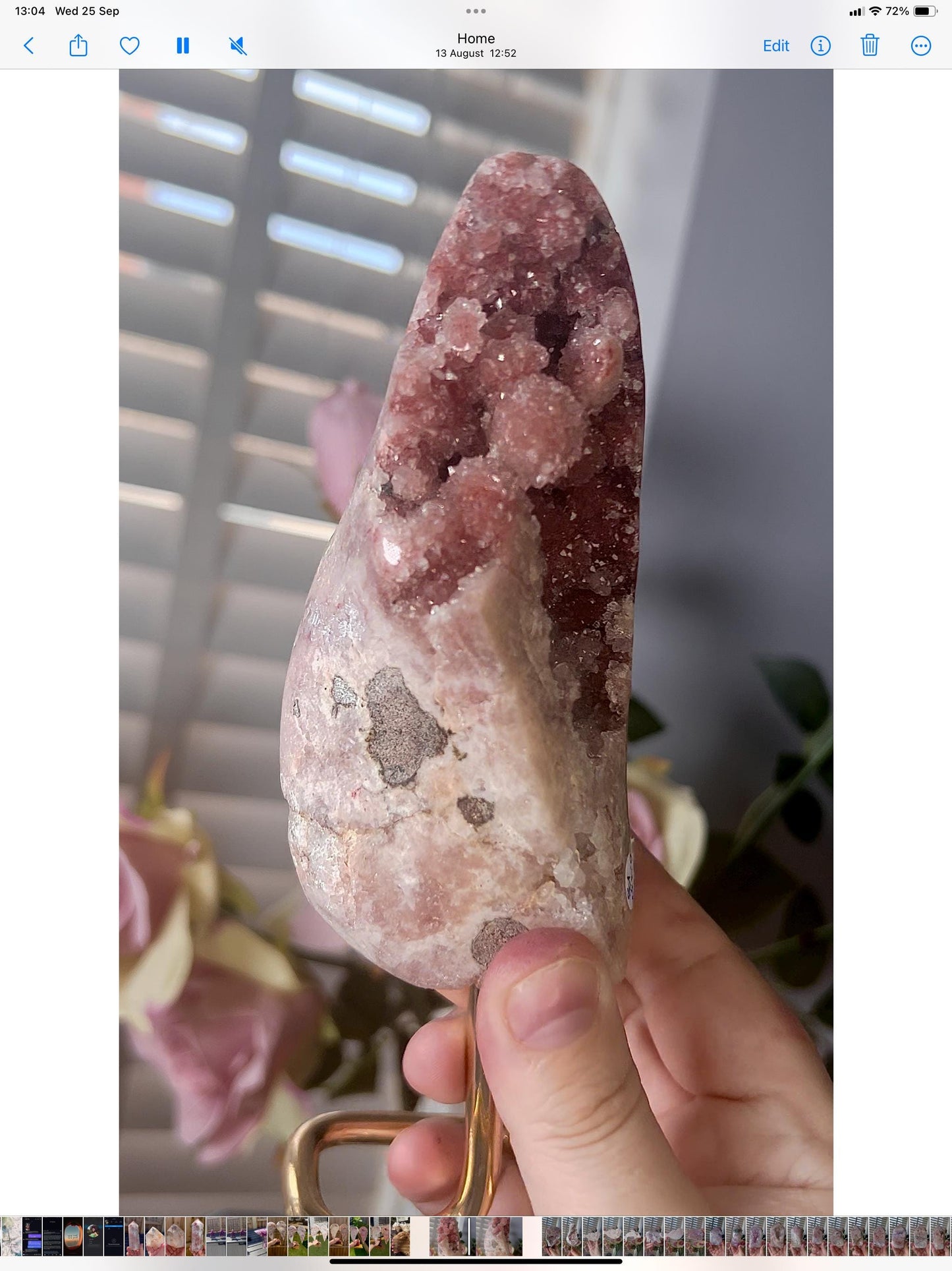 high grade, pink amethyst, bubble Freeform with red sugar druzy on stand 0.432g