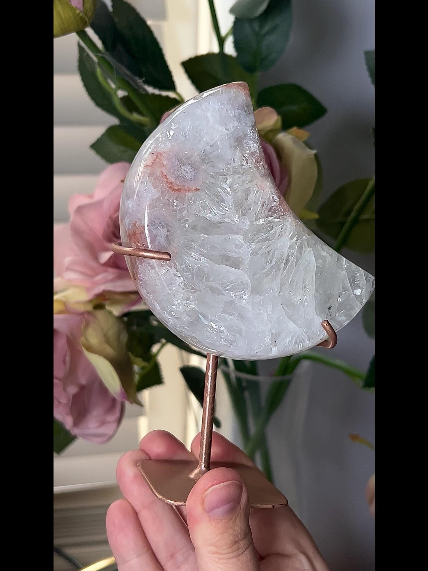 High grade, pink amethyst moon with covered in mostly rainbow quartz 420g