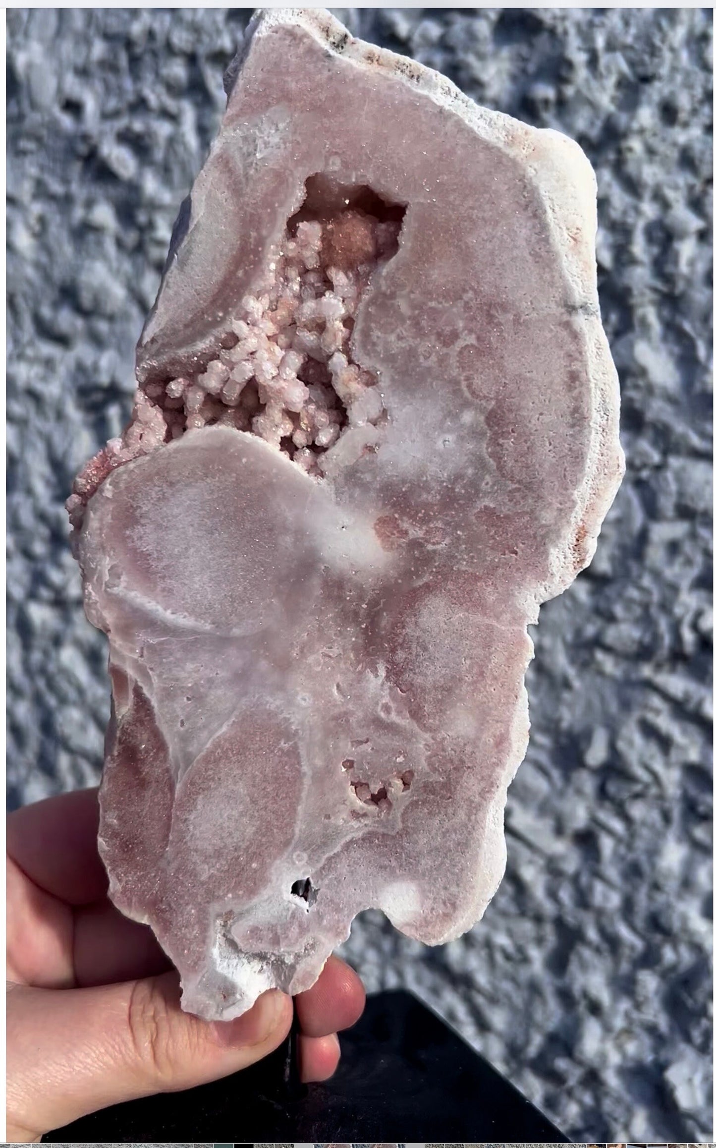 High grade, pink amethyst slab on stand with bubbly druze