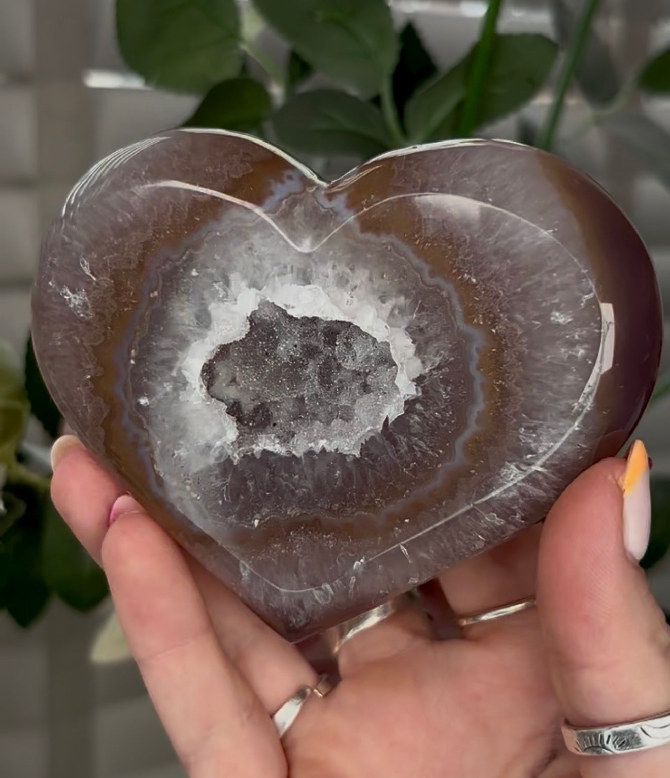 Beautiful, high grade, agate heart with druzy - comes with stand