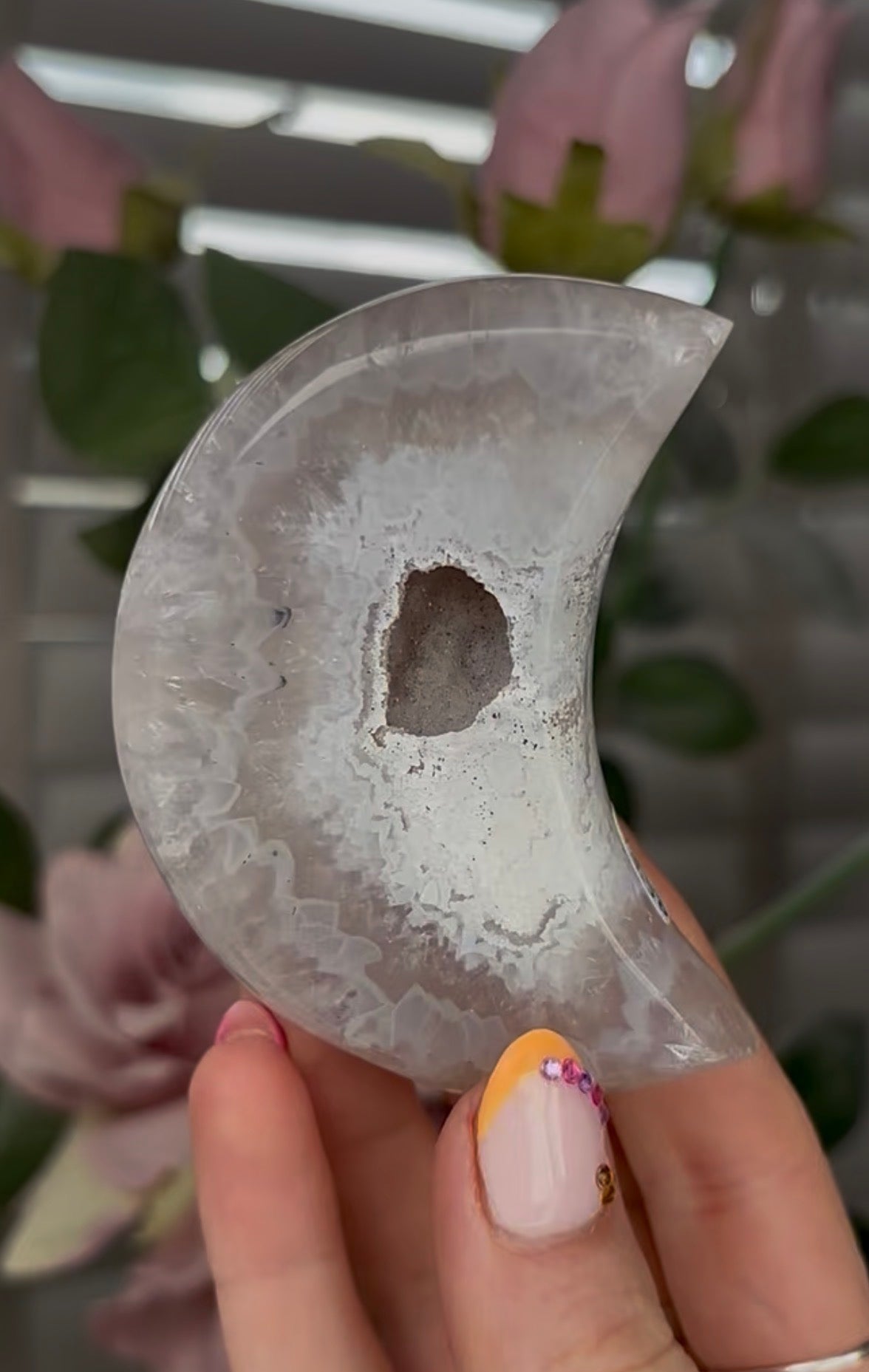 Beautiful, agate moon with druzy - comes with stand