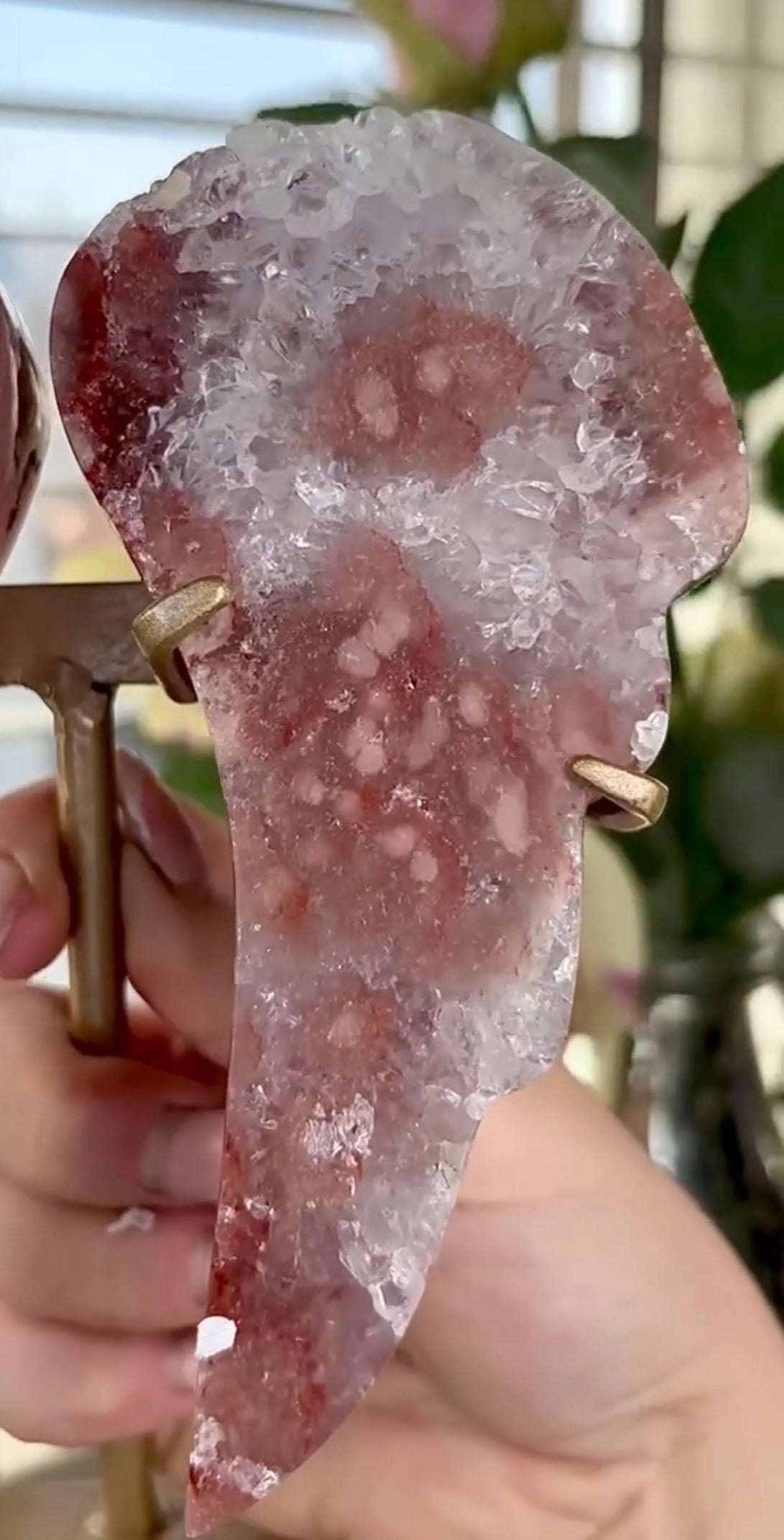 High quality, pink amethyst wings in reddish/deep pink tone - comes with stand