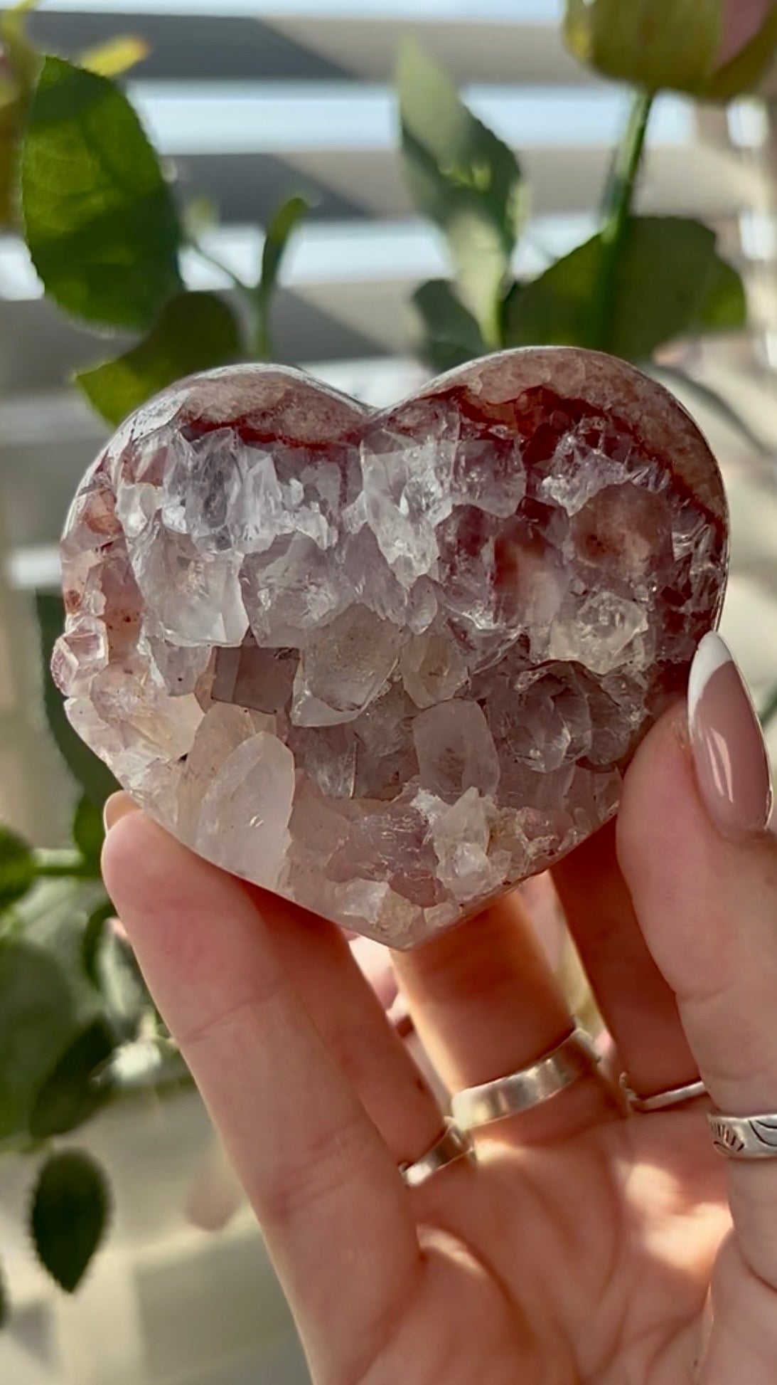 Gorgeous, hq, chunky quartz, pink amethyst heart- comes with stand