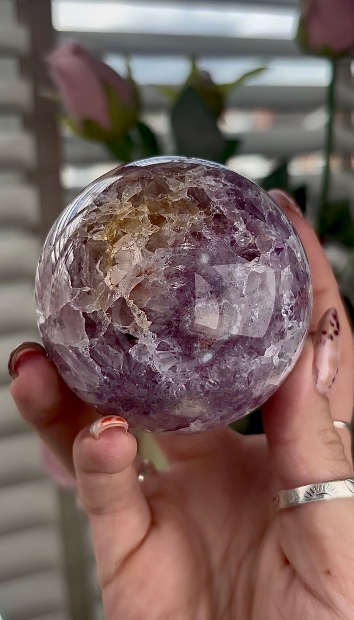 High grade, amethyst Flower agate sphere with high clarity quartz