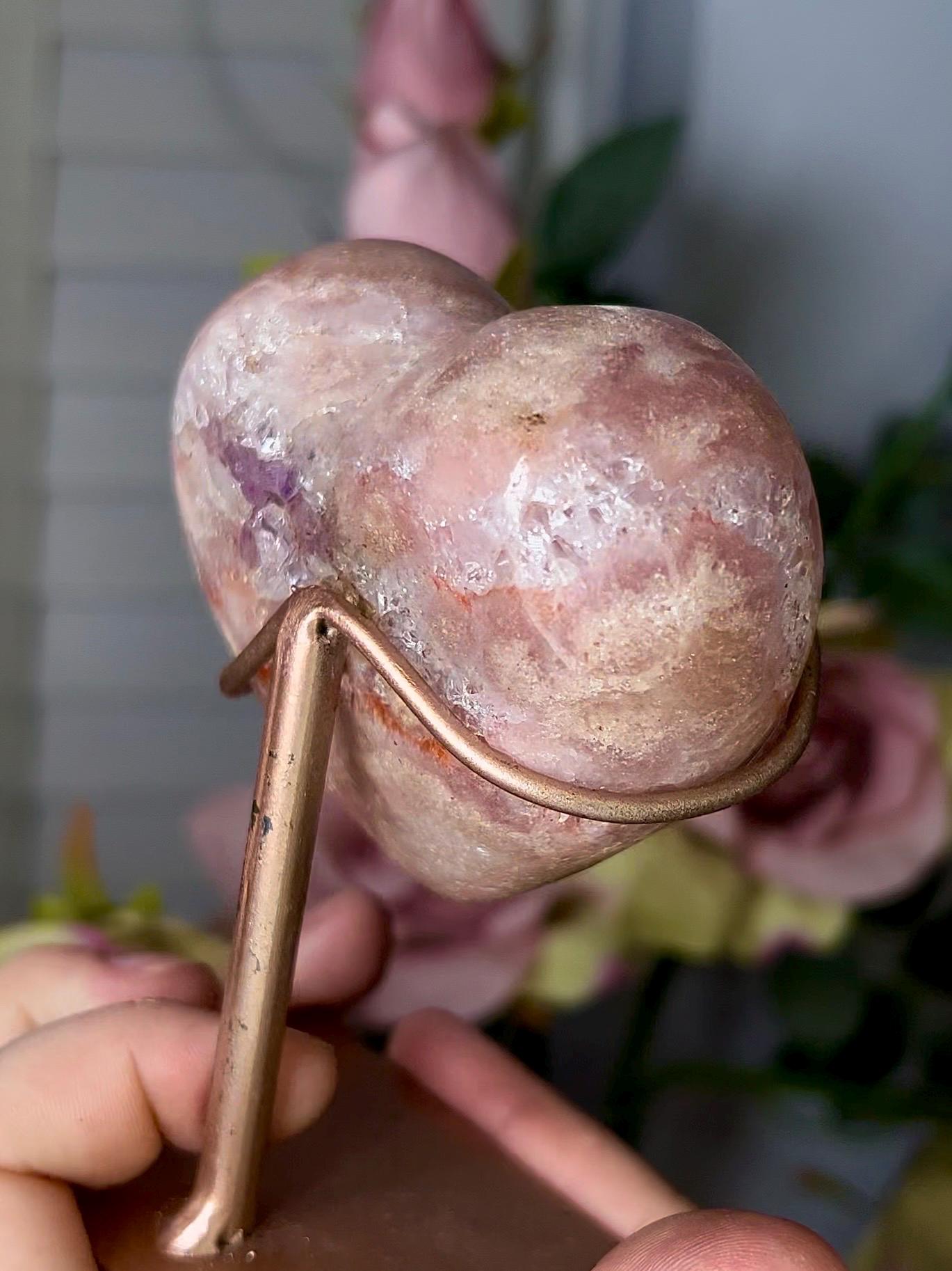 High grade, pink amethyst heart with purple quartz & hematite lining with stand