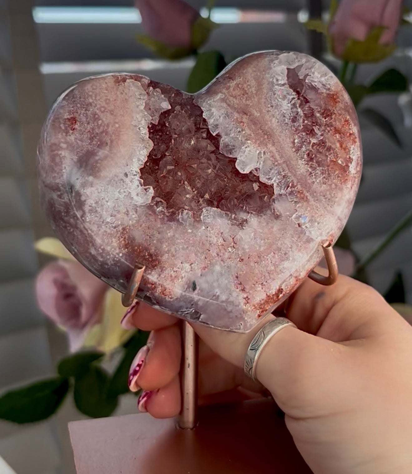 High quality pink amethyst heart - comes with stand