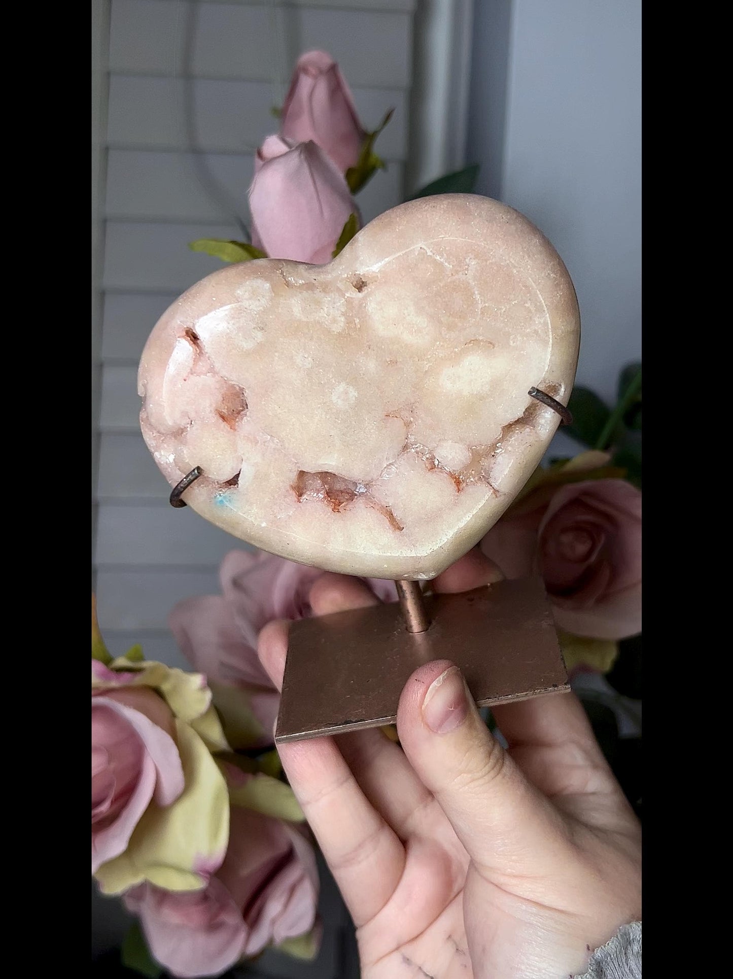 pink amethyst heart comes with stand that is scratched (discount added)